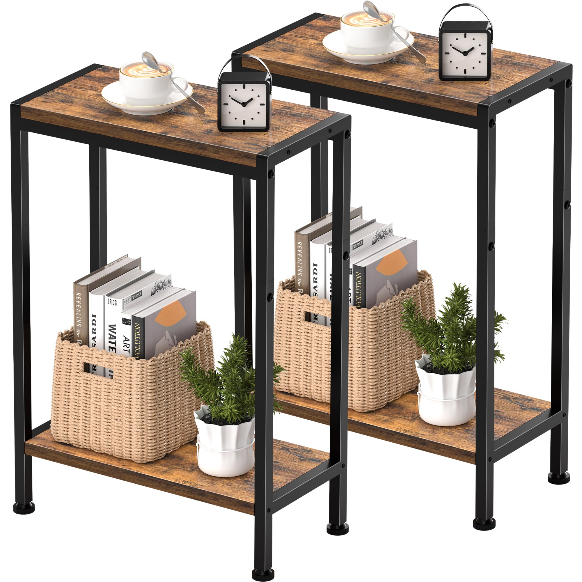 Schmaler Beistelltisch, Nachttisch, 2er Set, 2 Ablagen Nachttisch Schmal mit Stauraum, sofa beistelltisch für schmale Räume, Kleiner Tisch, für Wohnzimmer, Schlafzimmer, Küche &Balkon (Vintagebraun)