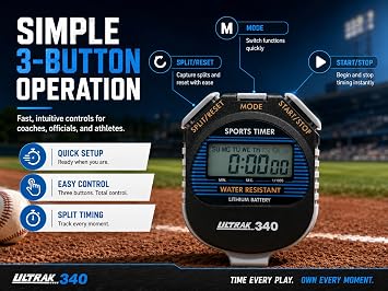 ULTRAK 340 Digital Stopwatch Large Display, Cumulative Split Timer, 24-Hour Timing, Water Resistant, Alarm & Calendar, Lithium Battery, Coach & PE Stopwatch with Lanyard