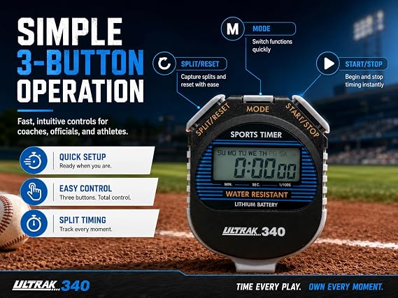 ULTRAK 340 Digital Stopwatch Large Display, Cumulative Split Timer, 24-Hour Timing, Water Resistant, Alarm & Calendar, Lithium Battery, Coach & PE Stopwatch with Lanyard