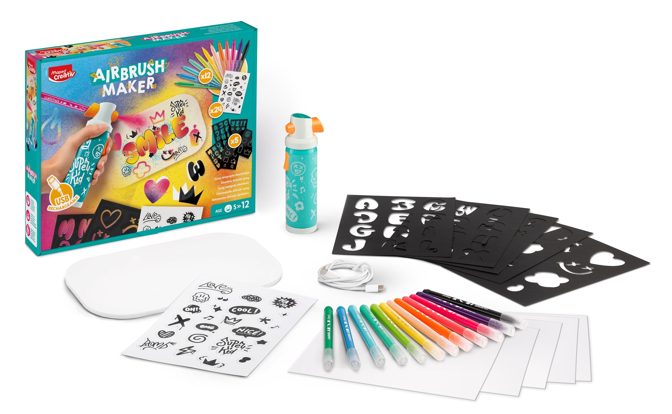 Maped Creativ Airbrush Maker - Bomboletta aerografo per bambini per creare effetti incredibili - Attività Graffiti - Trasforma i tuoi feltri in spray elettronico - Kit per il tempo libero creativo