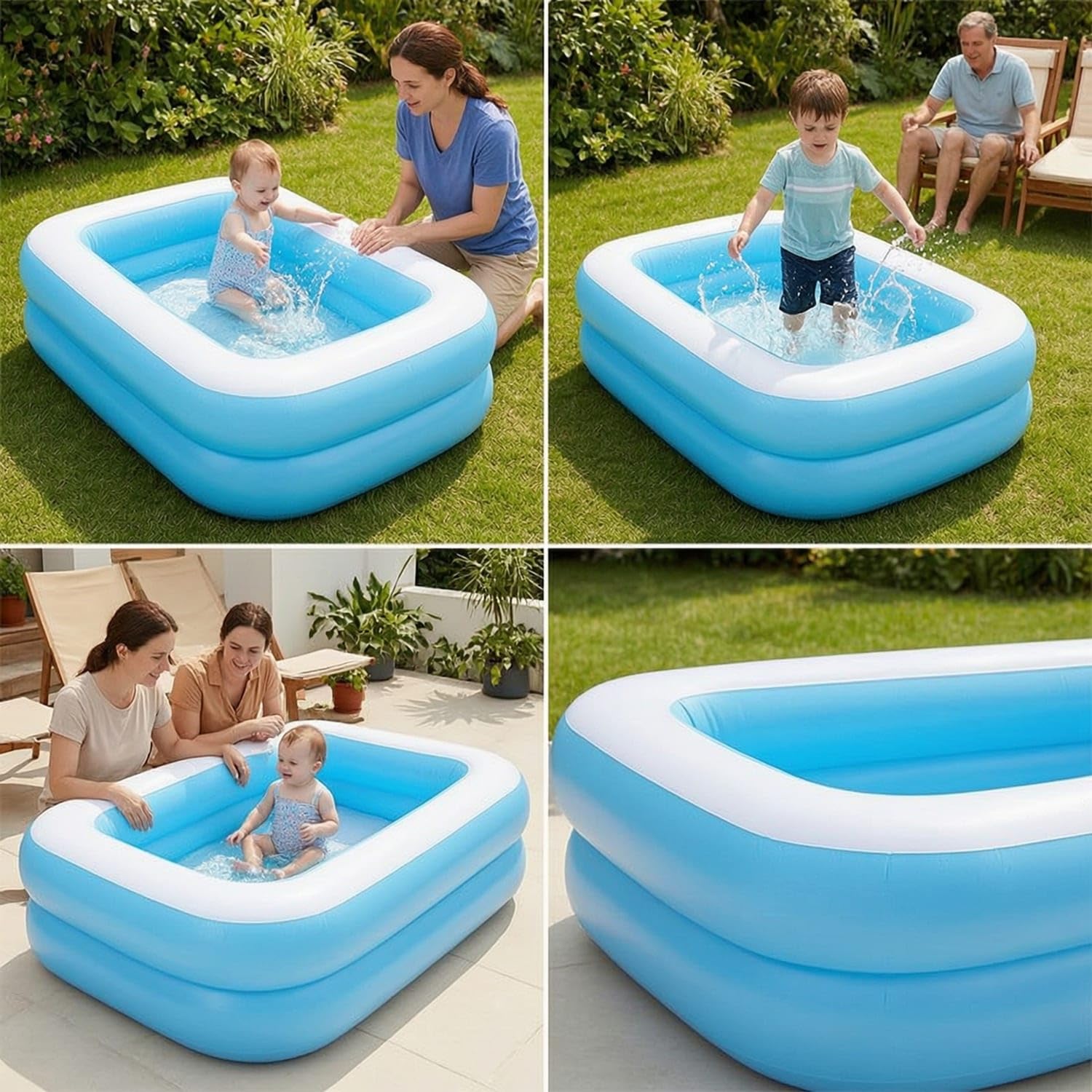 Rectangular Inflatable Pool Easy Setup Inflatable Pool with Two Rings Leak-Resistant Long-Lasting for Family, Kids, Backyard, Garden, Patio, Blue Wht 2-Ring Po a-picture-27