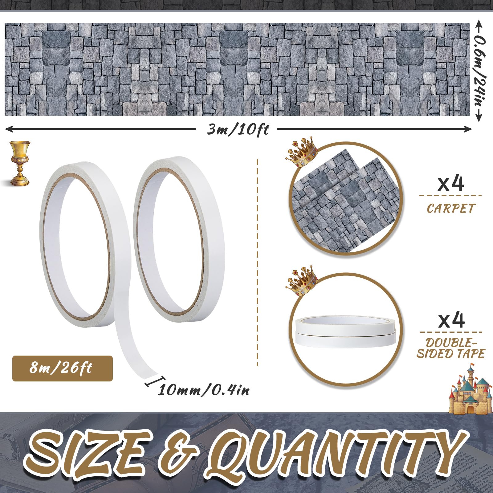 Fabbay 4 Pack 10ft Cobblestone Aisle Runners Medieval Party Decorations Polyester Brick Stone Printed Floor Runners for Medieval Castle Knight Themed Party Supplies Halloween Castle Table Cover