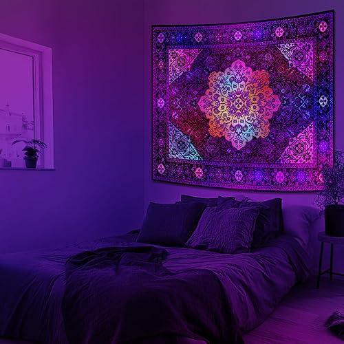Miniatura 4 de Apdidl Alfombra de Pared Negra con Mandala Boho Hippie para Dormitorio, Alfombra Fluorescente India de Estilo Bohemio con Flores, Decoración de Arte