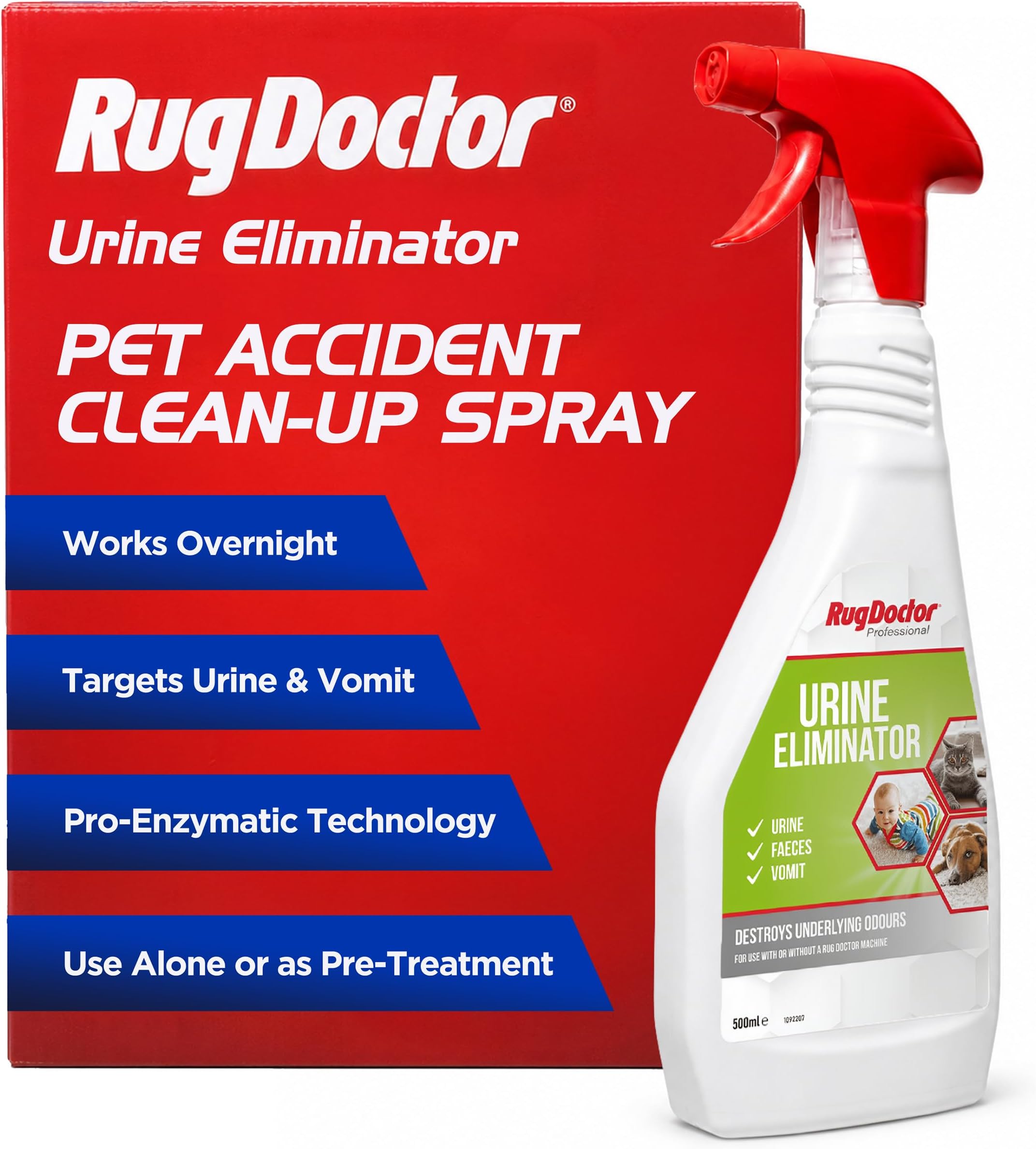 Rug Doctor Urine Eliminator 500ml - Enzyme Cleaner for Urine, Blood, Sweat, Vomit and Other Acid Based Stains โ Upholstery, Fabric and Carpet Stain Remover โ Trigger Spray