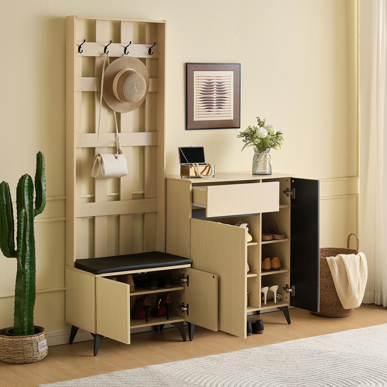 DHHU Mobile ingresso 2 pezzi, armadio con panchina e appendiabiti, credenza scarpe, legno chiaro MDF, 4 ganci, cassetto, ripiani regolabili, design scandinavo, ingresso, soggiorno, camera da letto