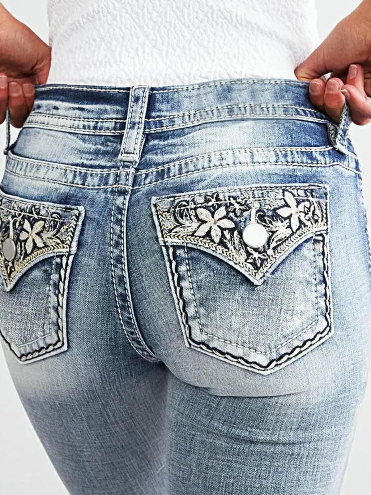 Jeans Donna da Tasca Ricamato Donna, Skinny alla Moda-Blu Scuro-XL