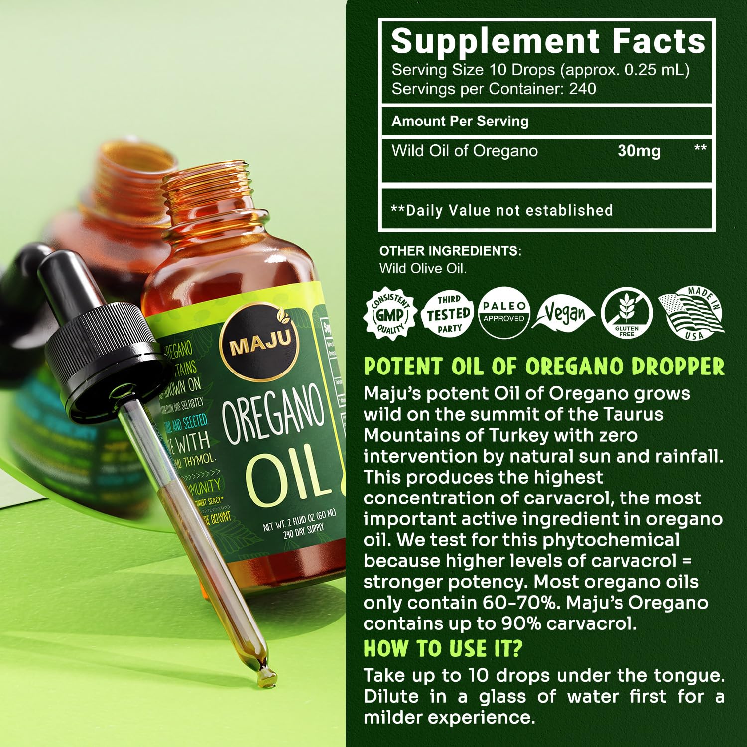 MAJU Oregano Oil Drops - Potent Wild Carvacrol (2 fl Oz) Up to 90% Wild Mediterranean Essential Oil of Oregano Liquid, Aceite de Oregano, Immune and Seasonal Support — Amazon image 6