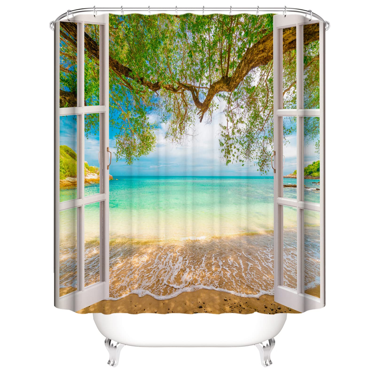 OCEUMACO Cortina Ducha Antimoho Diseño Original Playa Azul Mar Turquesa 200x200 Tela Impermeable Estampada Hojas Verde Moderna Cortina de Ducha Poliéster