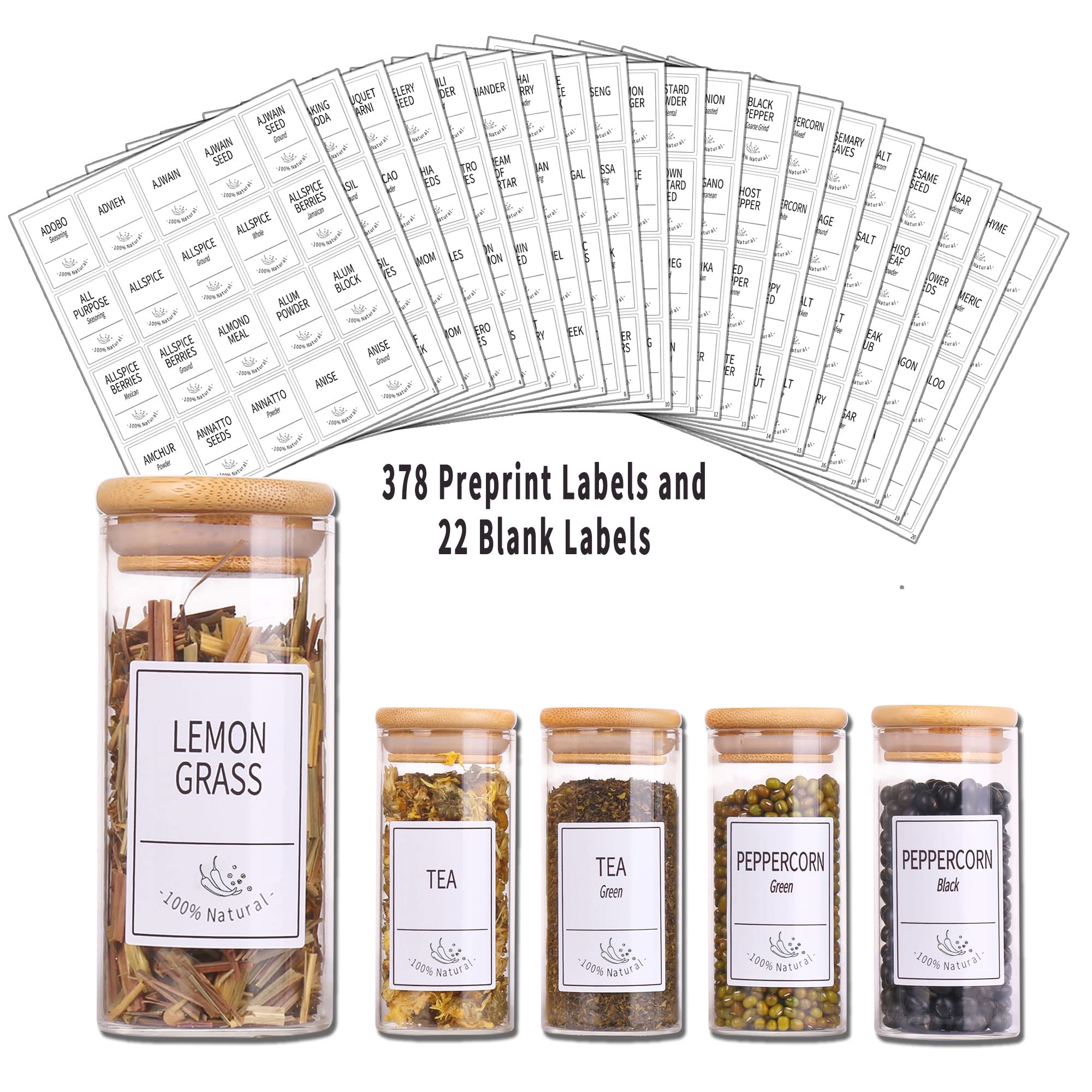Churboro 24 Gewürzgläser aus Glas mit luftdichtem Bambusdeckel, 400 Gewürzetiketten, Trichter und Kreidemarker-Set, Gewürzbehälter, 118 ml Glas-Vorratsgläser.