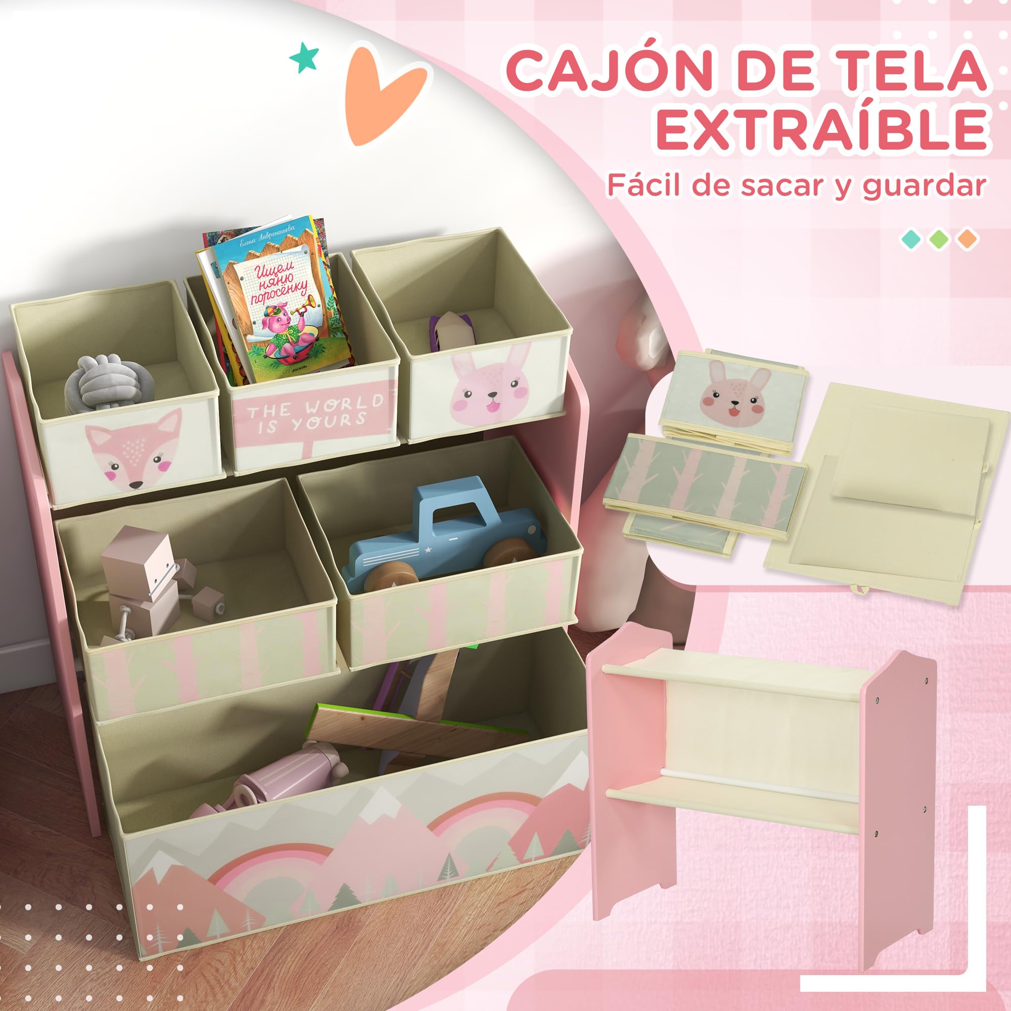 ZONEKIZ Estantería Infantil para Juguetes con 6 Cajas de Tela no Tejida Extraíbles Organizador Juguetes para Niños de 3-8 Años para Dormitorio Guardería 63x30x66 cm Rosa