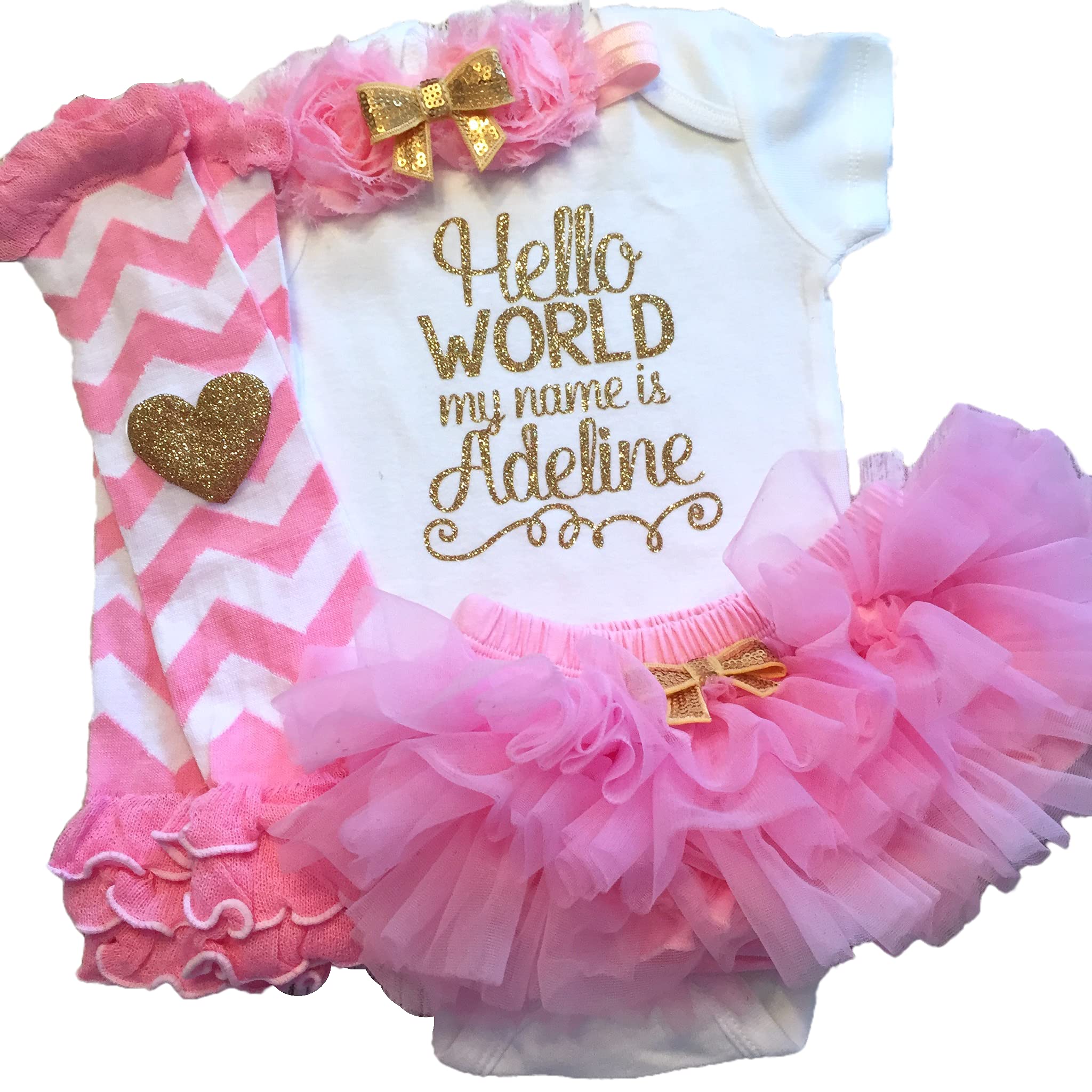 Take Home Outfit Baby Girl Outfit Personalized Name Hello World my name is Optional Tutu Bloomers Headband and Leg Warmers (Light Pink + Gold)