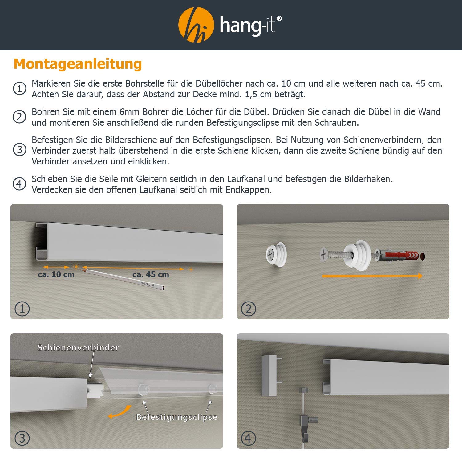 hang-it 10 Meter Bilderschienen Galerieschienen - Komplett Set in Silber