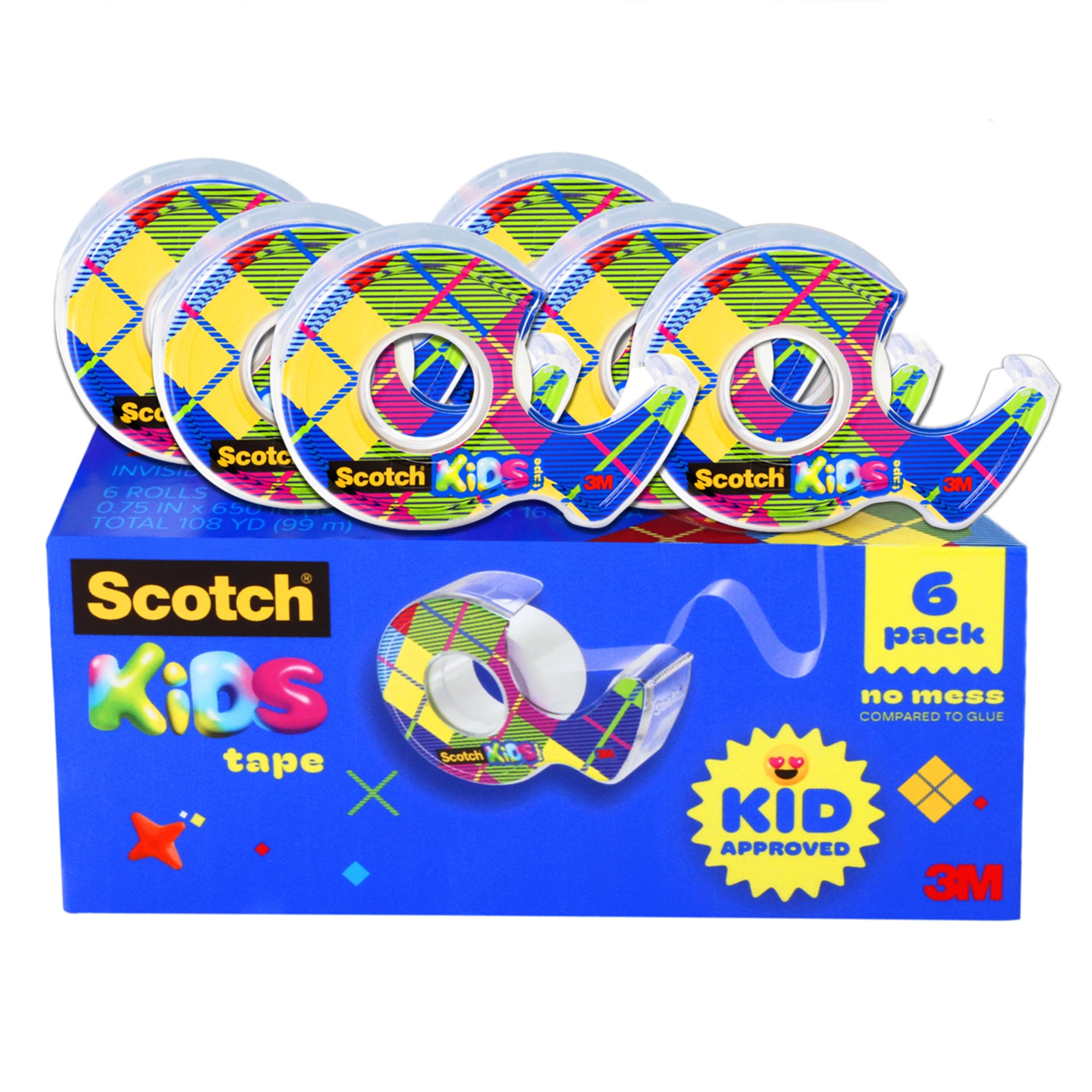 Scotch Unsichtbarer Klebebandspender für Kinder, von Kindern zugelassen, kein Chaos, 6 Rollen Klebeband mit Spender, 1,9 x 1,65 cm