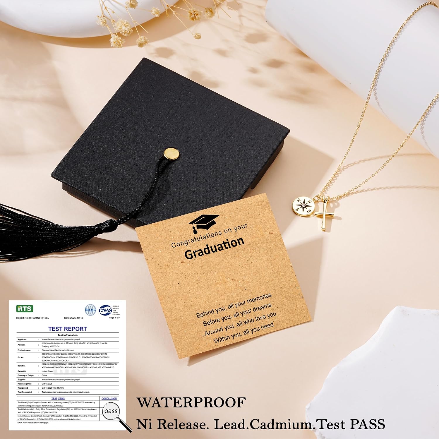2026 Graduation Gift for Her, Graduations Decorations 14k Gold Plated Sterling Silver Compass Cross Necklace for Womens Girls With Graduation Cap Box and Meaningful Cards
