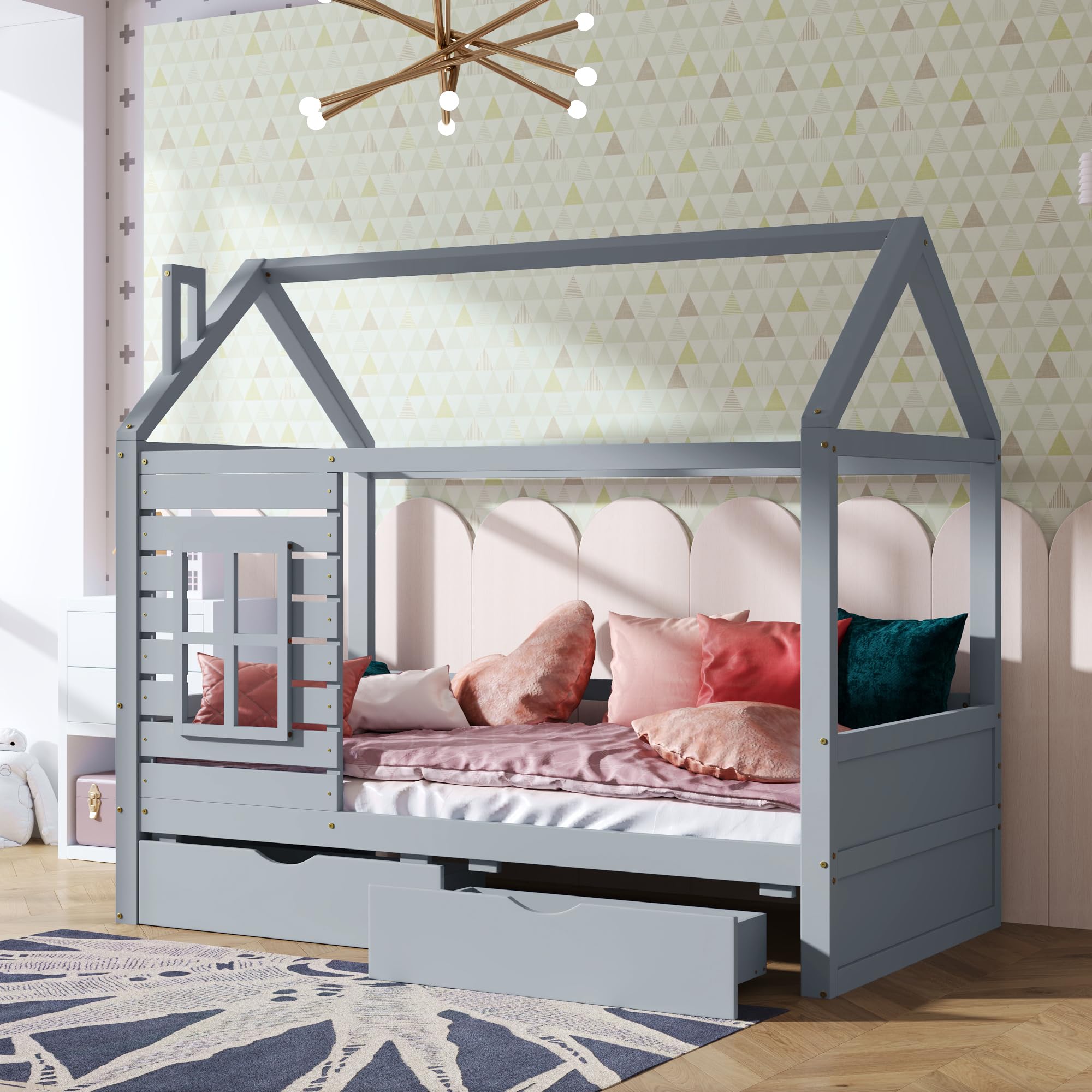 Aoowow Twin Size Kids House Bed with 2 Drawers, Wooden Twin Bed Frame with Window and Roof for Bedroom, Modern Twin Size Kid Playhouse Bed with Slats for Boys Girls, Can be Decorated, Grey