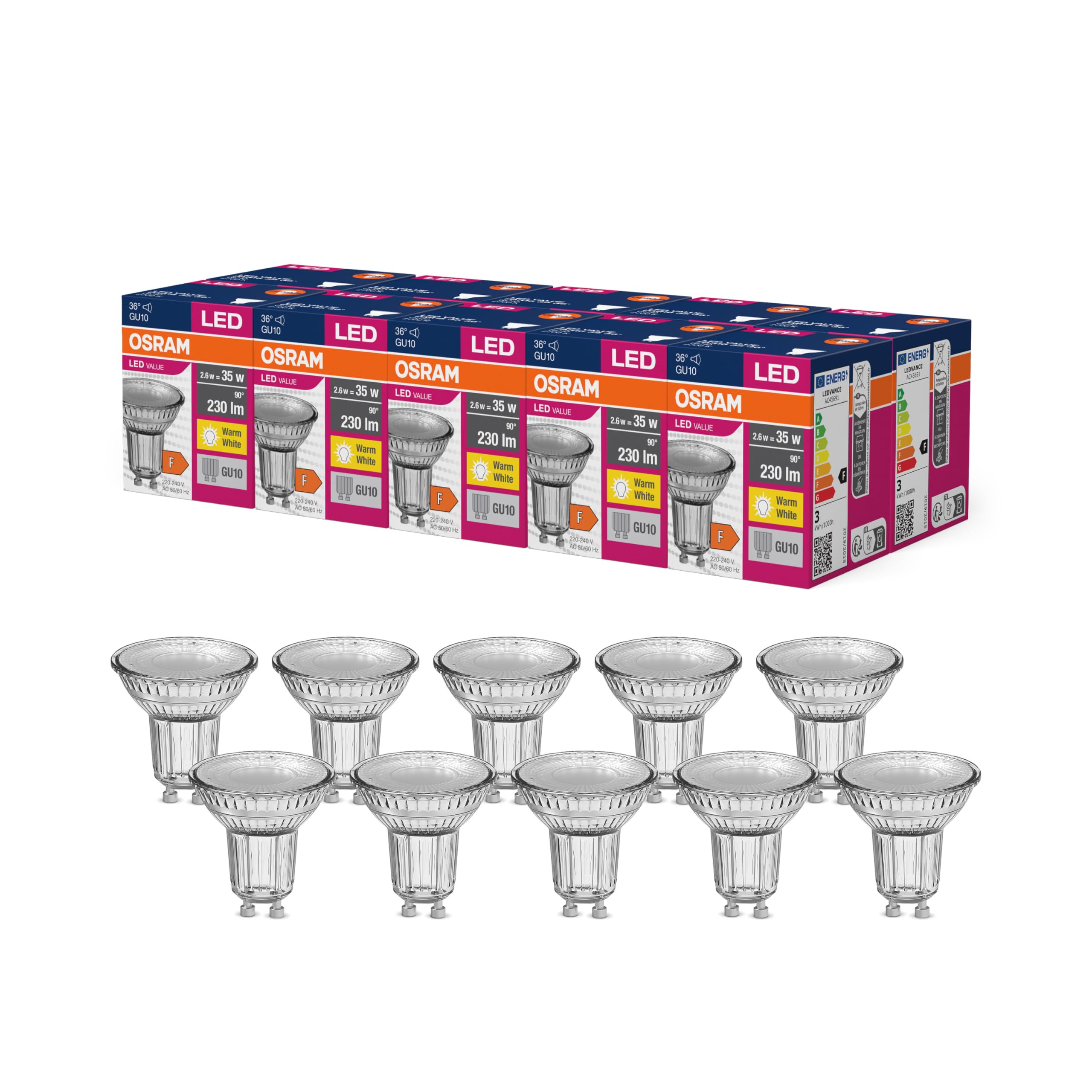 Osram LED Star Value PAR16 Reflektor-Lampe mit 36 Grad Abstrahlwinkel, Sockel GU10, 2.6 Watt, Warmweiß (2700K), Ersatz für herkömmliche 35Watt-Spotlampen, 10er-Pack, Nicht Dimmbar