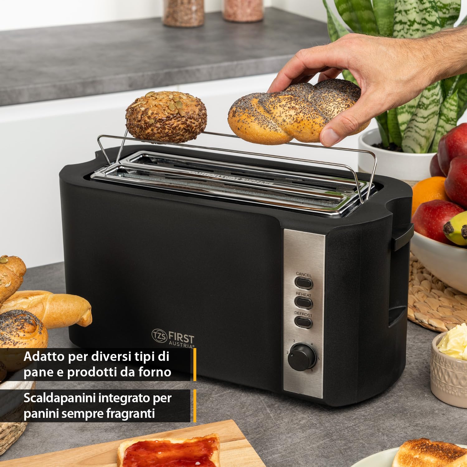 TZS First Austria – Tostapane in acciaio inox a fessura lunga 4 fette – con accessorio panini e vassoio raccogli-briciole – 6 livelli di doratura, funzione scongelamento, 1500W, nero opaco