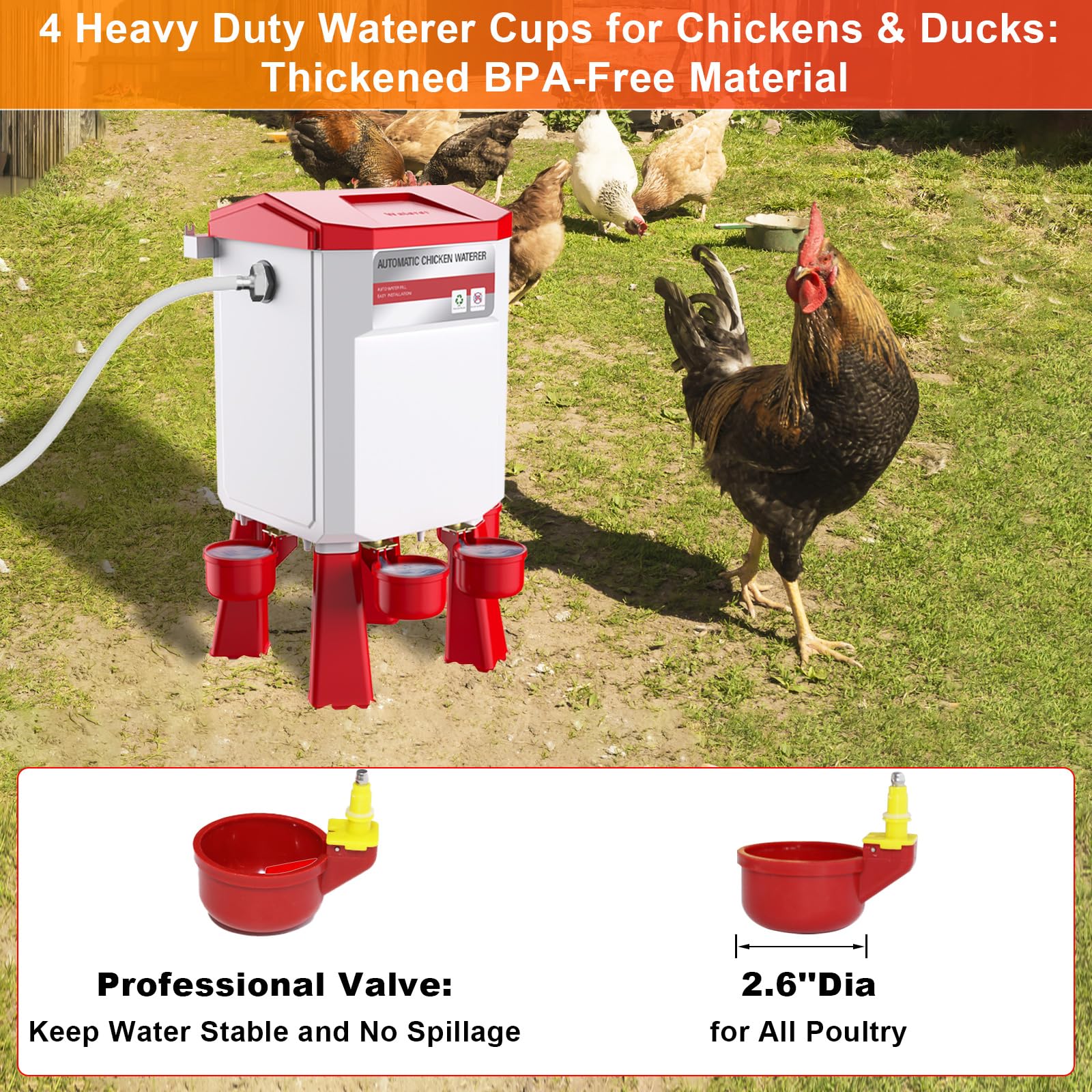 Bebedero automático de pollo, 2 galones, alimentador de agua para pollo controlado por flotador con 4 tazas de agua, manguera de 158.4 pulgadas con extremos de 3/4 pulgadas y 1/2 pulgadas, bebedero