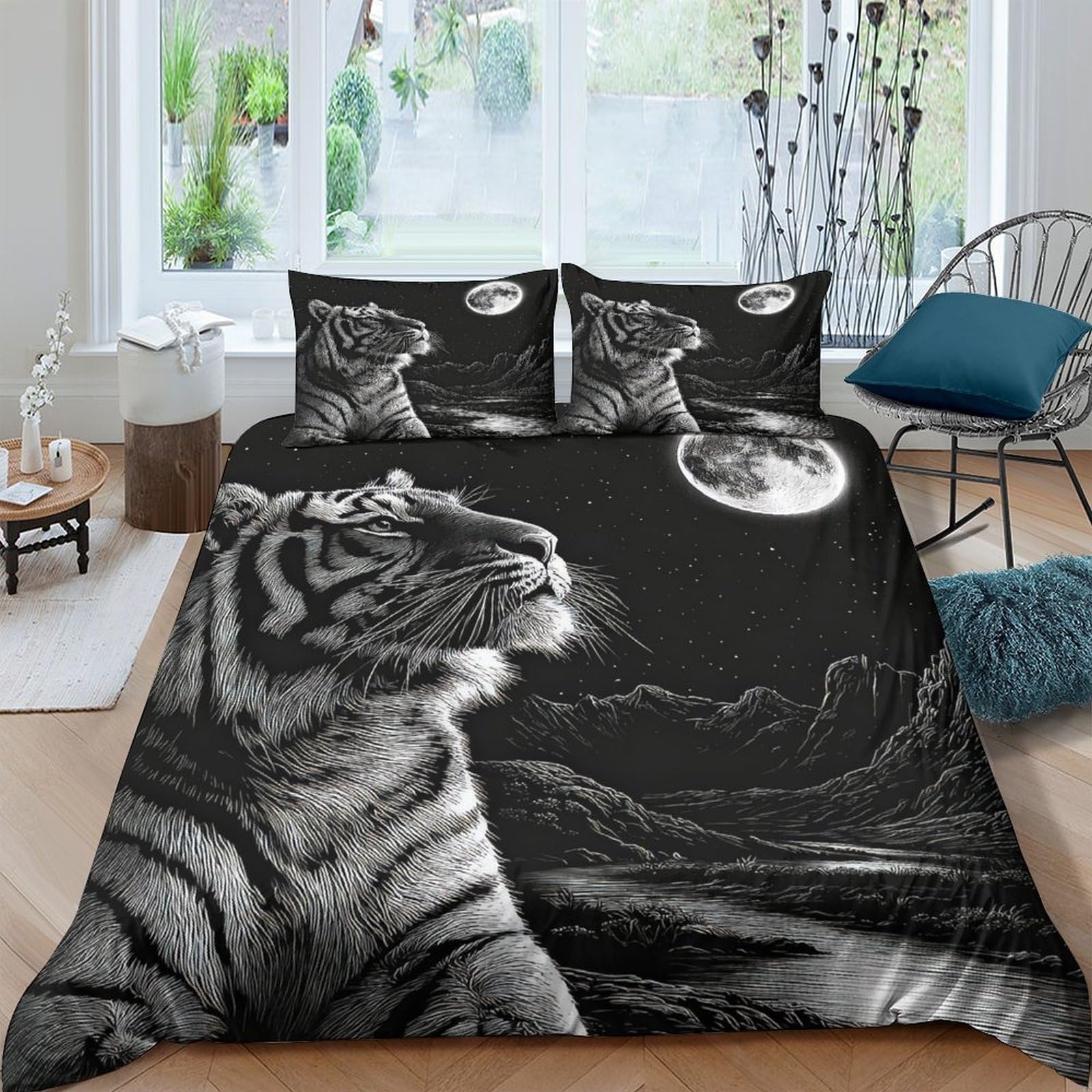 Ctjqhvkz Style-10 3D Printed Moonlit Tiger Fitted Sheet Microfiber Soft Black White Forest Mattress Cover For Bedroom Dorm Room Decor Single（135X200cm）