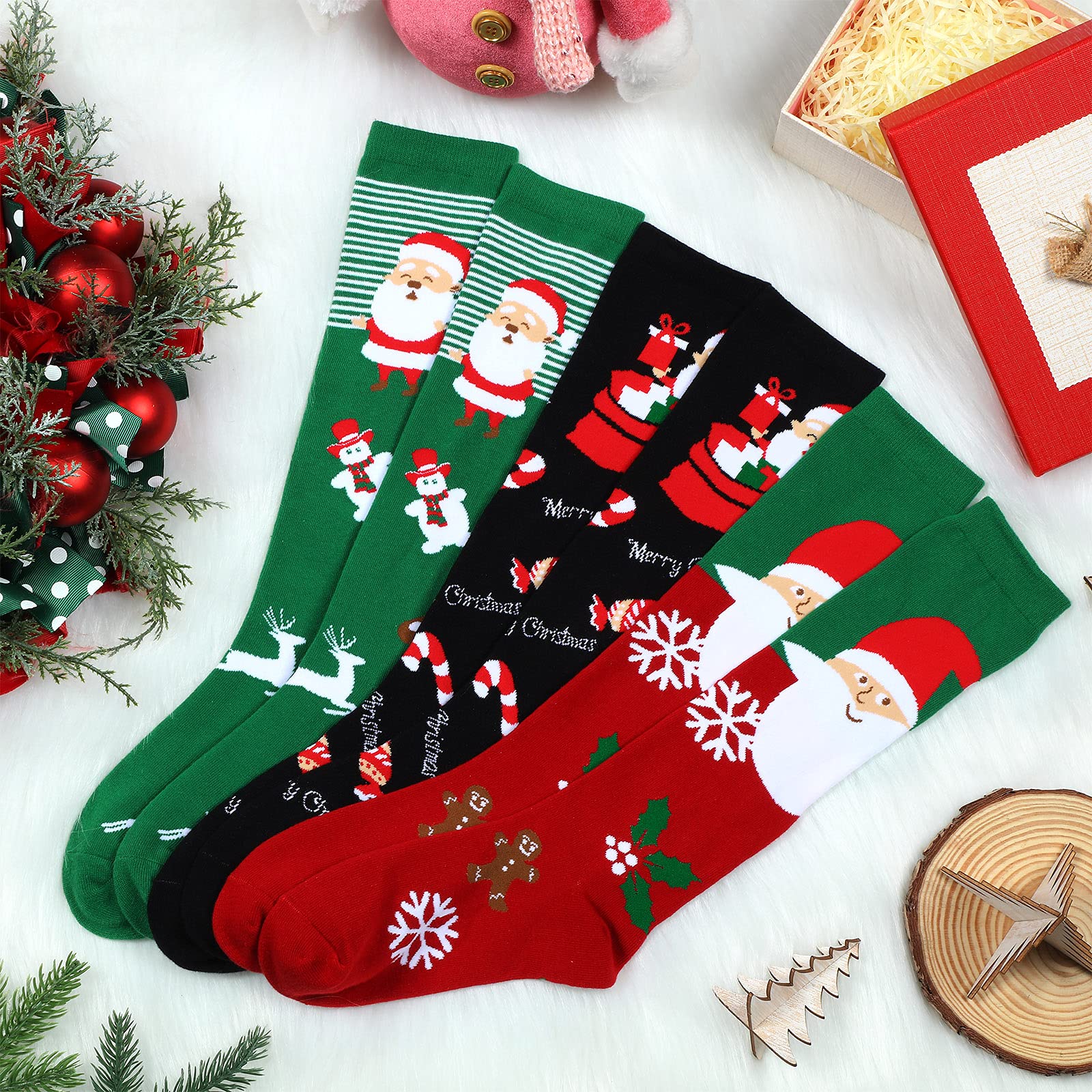 Chaussettes Hautes De Compression Femme Motif Père Noël - Au-dessus Du Genou, Acrylique/élasthanne, Taille Unique