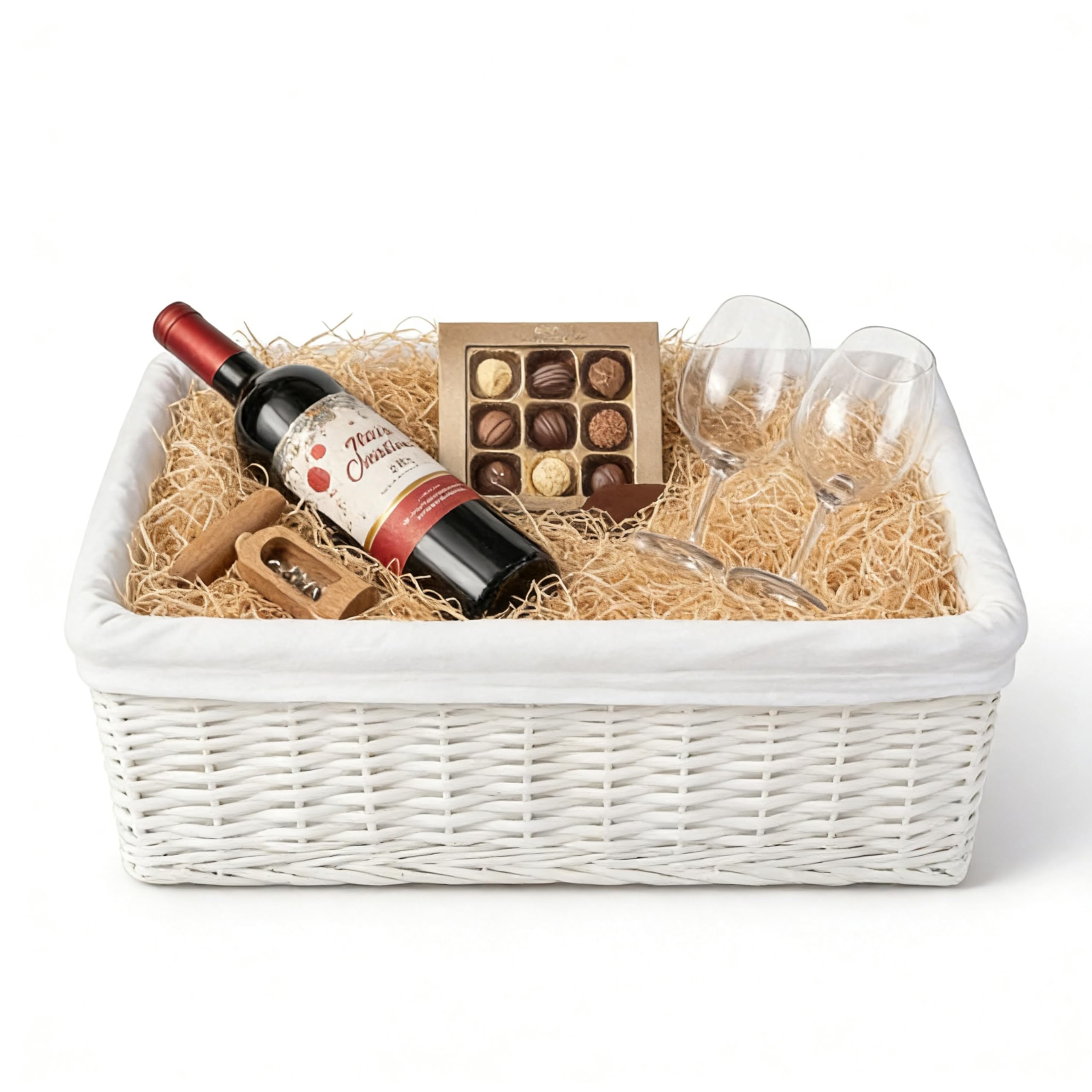 H-LINE Wicker Willow Storage Basket with Cloth Lining Ideal for Christmas/Easter/Newborn Gift Hamper, Make Your Own Hamper (White, Large)