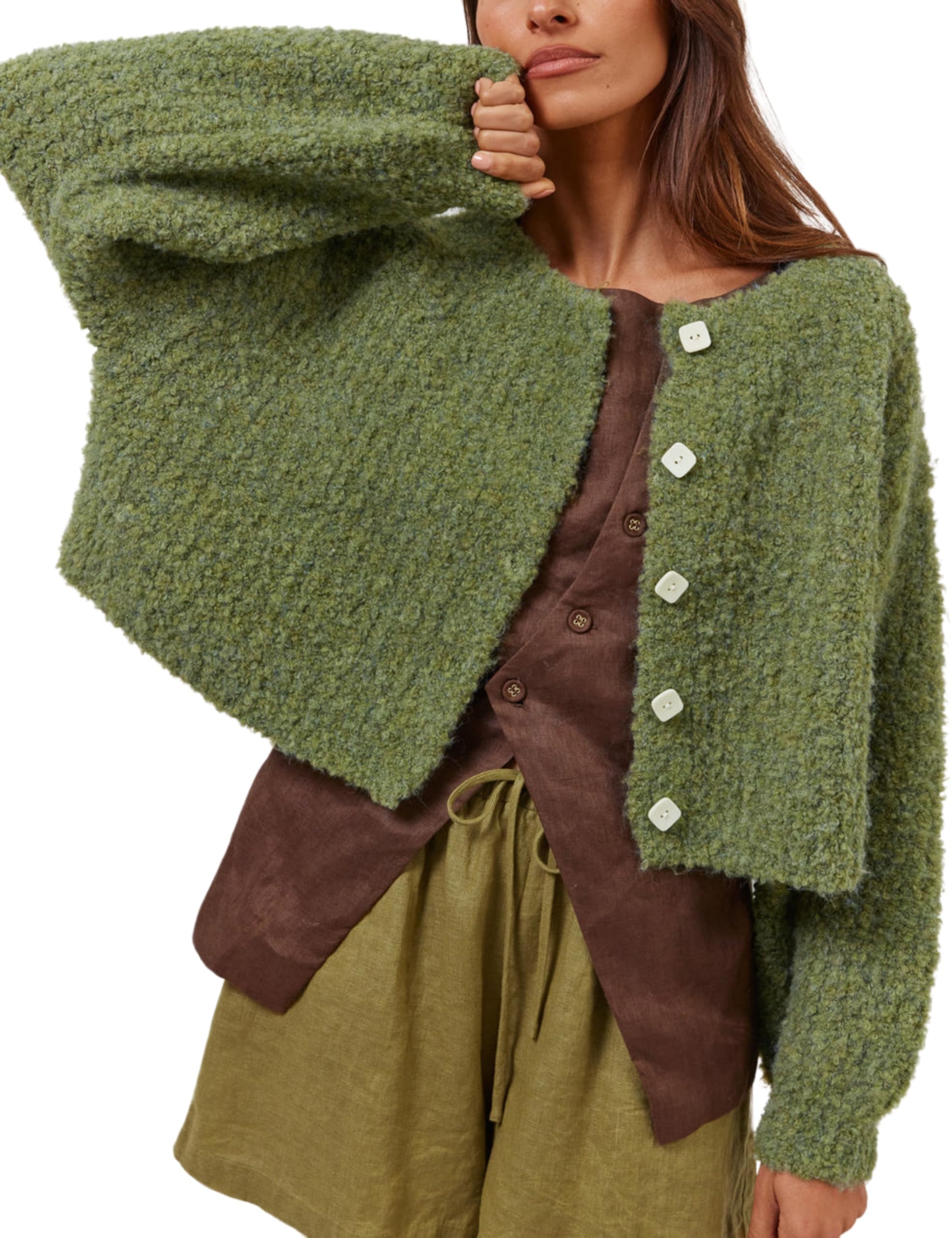 Lviefent Women Knit Cardigans Fluffy Casual Open Front Button Down Long Sleeve Cropped Sweater Jacket Outwear