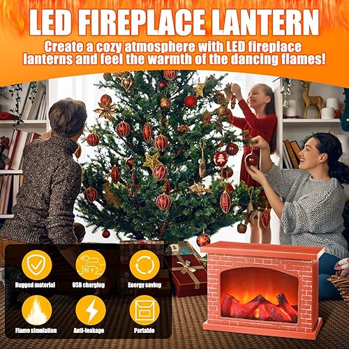 Miniatura 4 de Vicenpal Chimenea de cartón de Navidad 3D artificial, efecto de llama, lámpara LED de fuego, funciona con pilas, carga USB, portátil, ladrillo rojo,