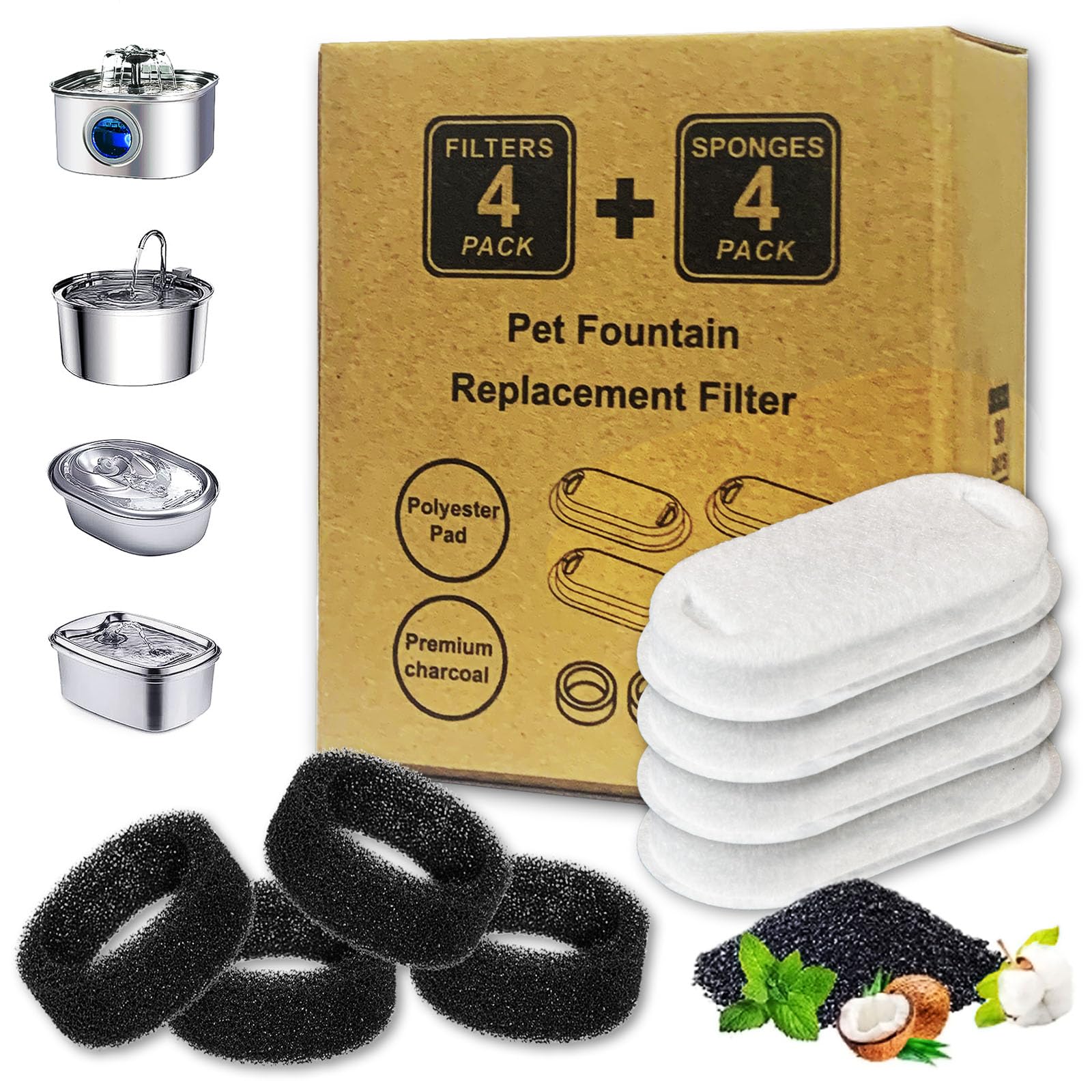 Cat Water Fountain Filters, 4 Filters+4 Sponge Replacement Filters for 108/3.2L and 67oz/2LStainless Steel Pet Water Dispenser for Dog (4 Sets)