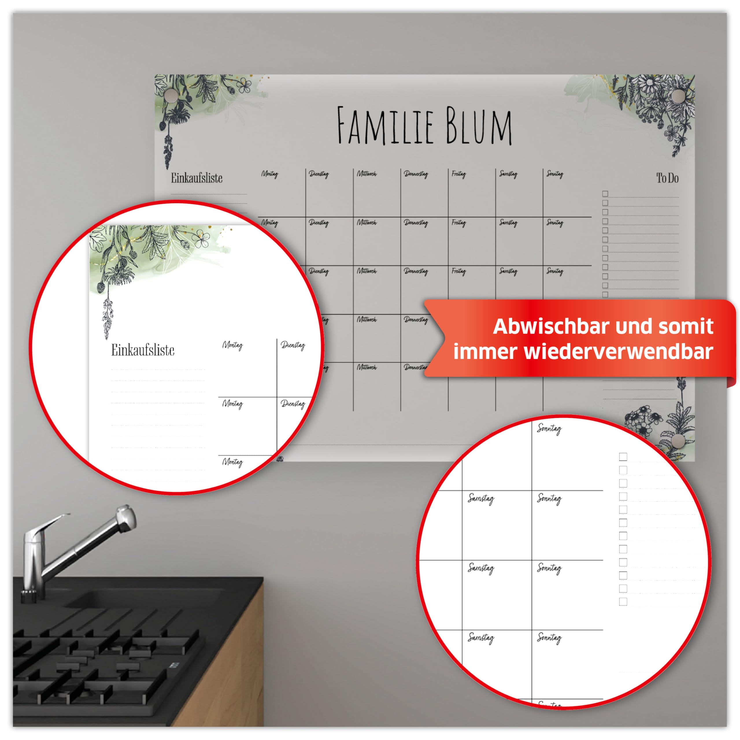 Primus Print – kalendarz na życzenie – spersonalizowany kalendarz ścienny – zmywalny planer rodzinny z akrylu (Floral Fineline)