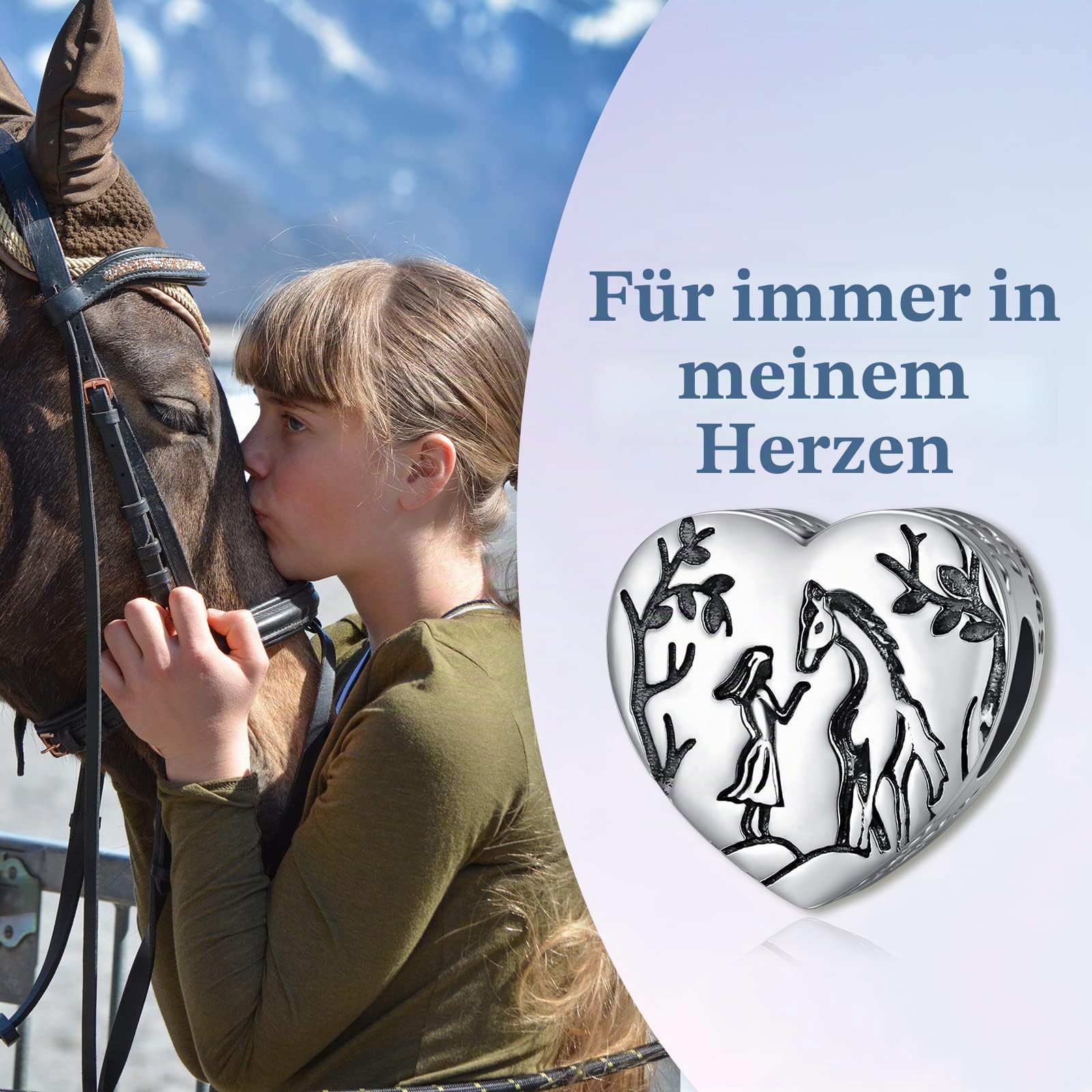 LONAGO Personalisierter Foto Charm 925er Sterling Silber Schmetterlings Pfau Pferd mit Mädchen Perlen Charm für Charm Armbänder