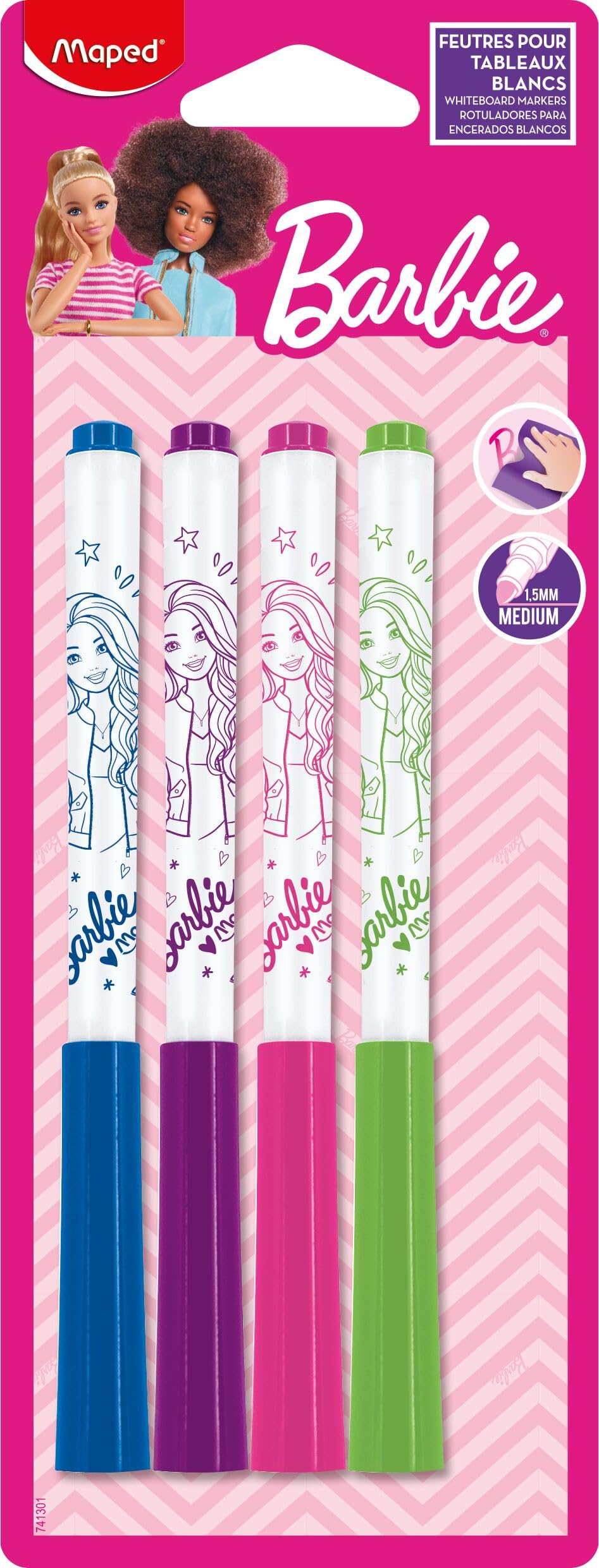 Maped – 4 Marker'Peps Fine Erasable Markers - Fine Dry Erase Markers Barbie - Slate and Whiteboards - 4 colours: Blue, Green, Pink and Purple