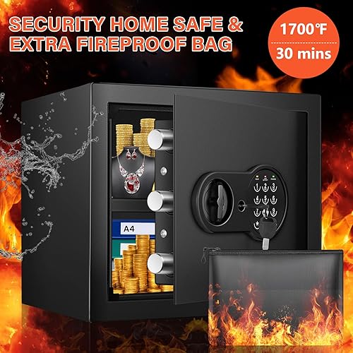 Miniatura 2 de Caja fuerte para el hogar de 1.6 pies cúbicos, impermeable, ignífuga con bolsa ignífuga, teclado programable y estante extraíble, caja fuerte de
