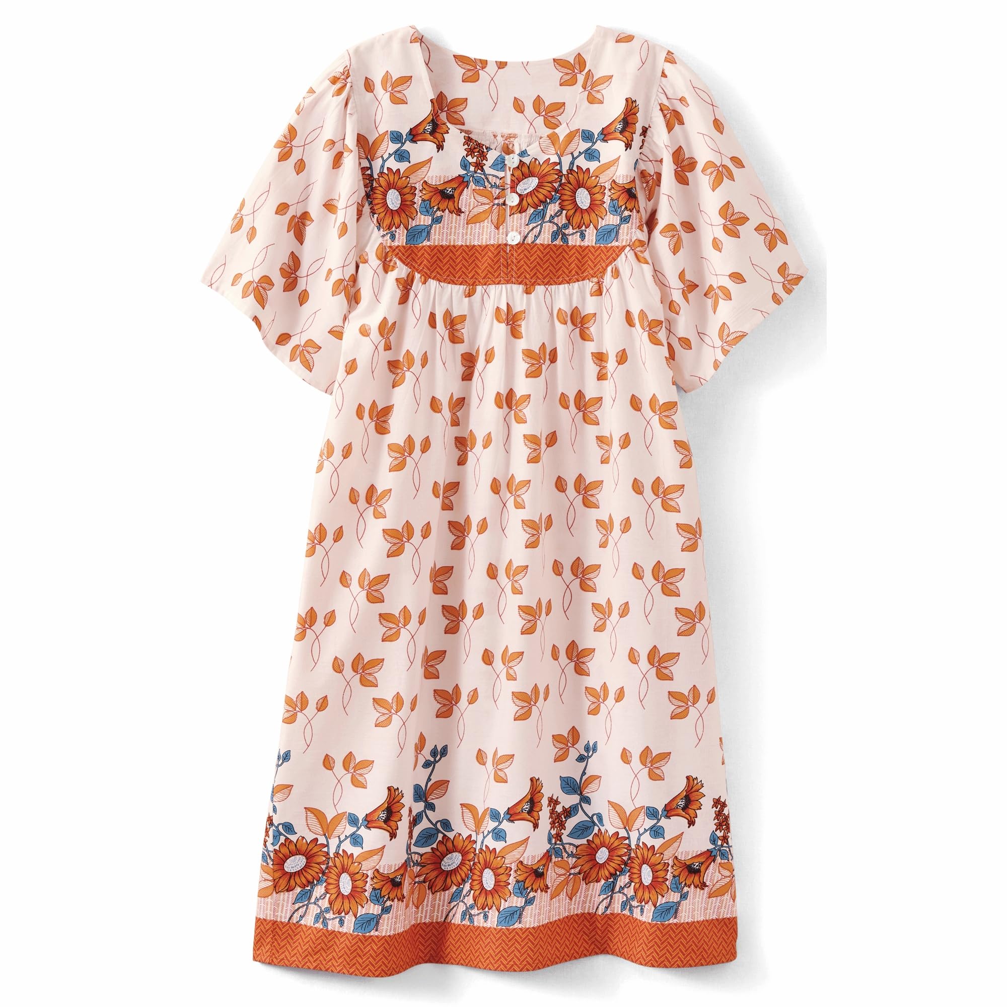 AmeriMark Womens Patio Dress Lounger Floral Print Border Short Sleeve & Pockets