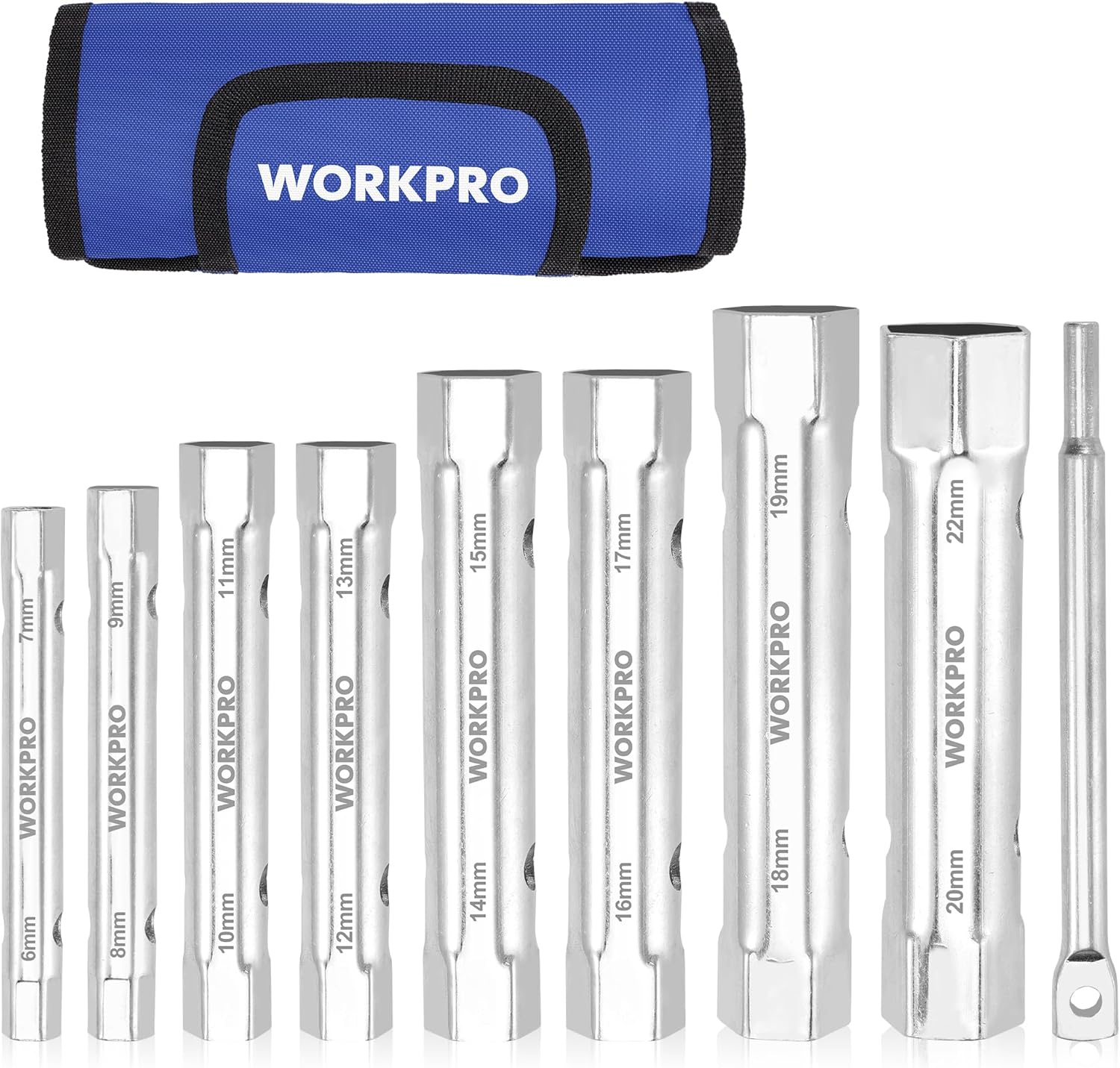 WORKPRO 9-Piece Shower Valve Socket Wrench Set with Bar Handle, for Bathroom Removal of Tub and Shower Valves, Home Plumbing Repairs, Double-Ended, Storage Bag Included