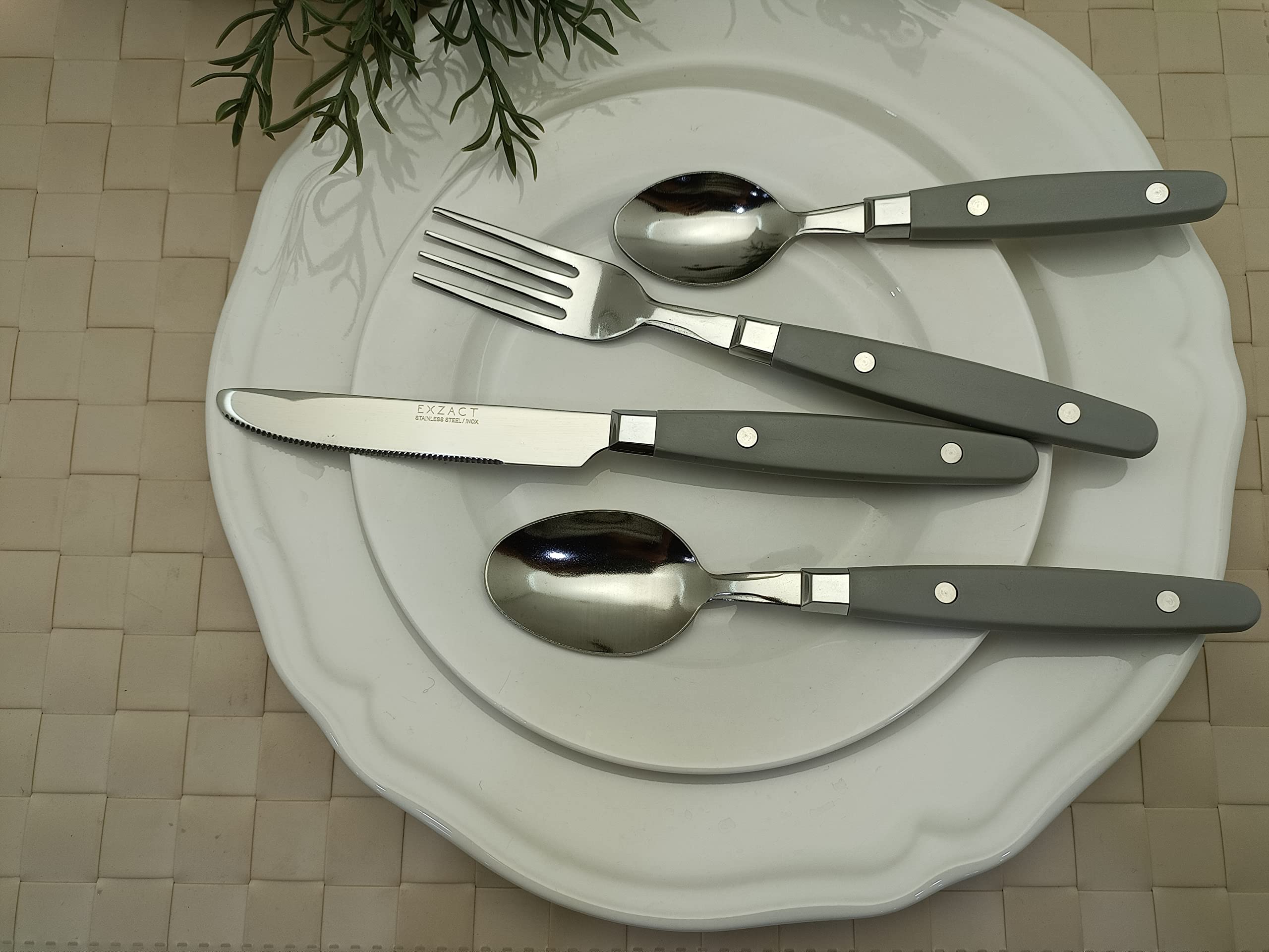 EXZACT Posate 24 pezzi in acciaio inossidabile - con manici per rivetti/Posate stile retrò - 6 forchette da tavola, 6 coltelli da tavola, 6 cucchiai da tavola, 6 cucchiai da tè -Serve 6 (Grigio)