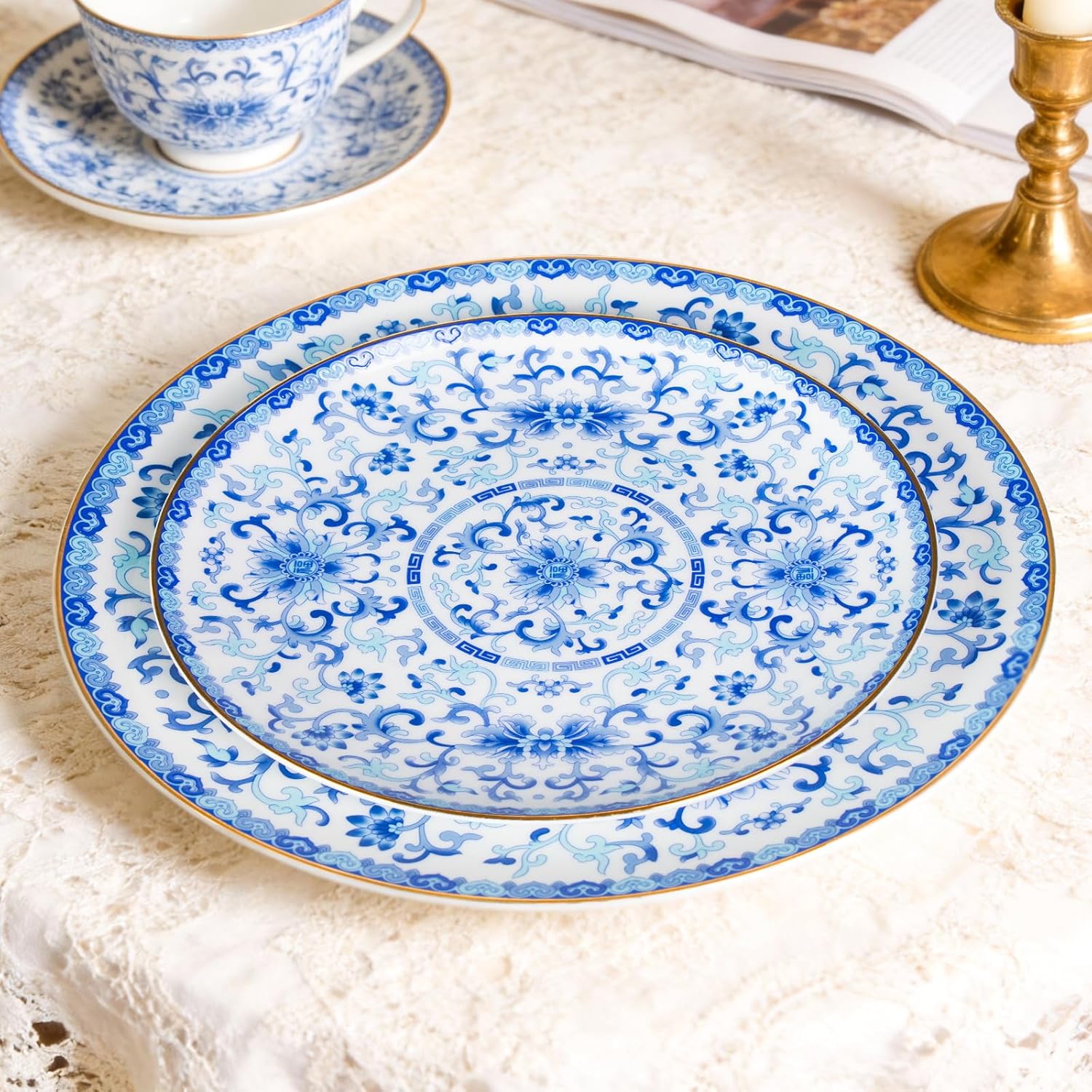 Decorative Plates Set for Display, Blue and White Ceramic Plate Decor with Stand, Handmade Vintage Porcelain Ornament for Table, Living Room, Kitchen, Perfect Chinese Style Dish Gift (8in+10in)