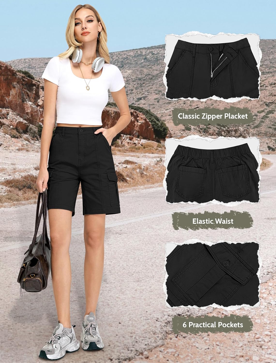 IWD Bermuda Cargo Denim Shorts for Women Knee Length 6 Pockets Elastic Waist Long Jorts for Summer Casual - Image 4