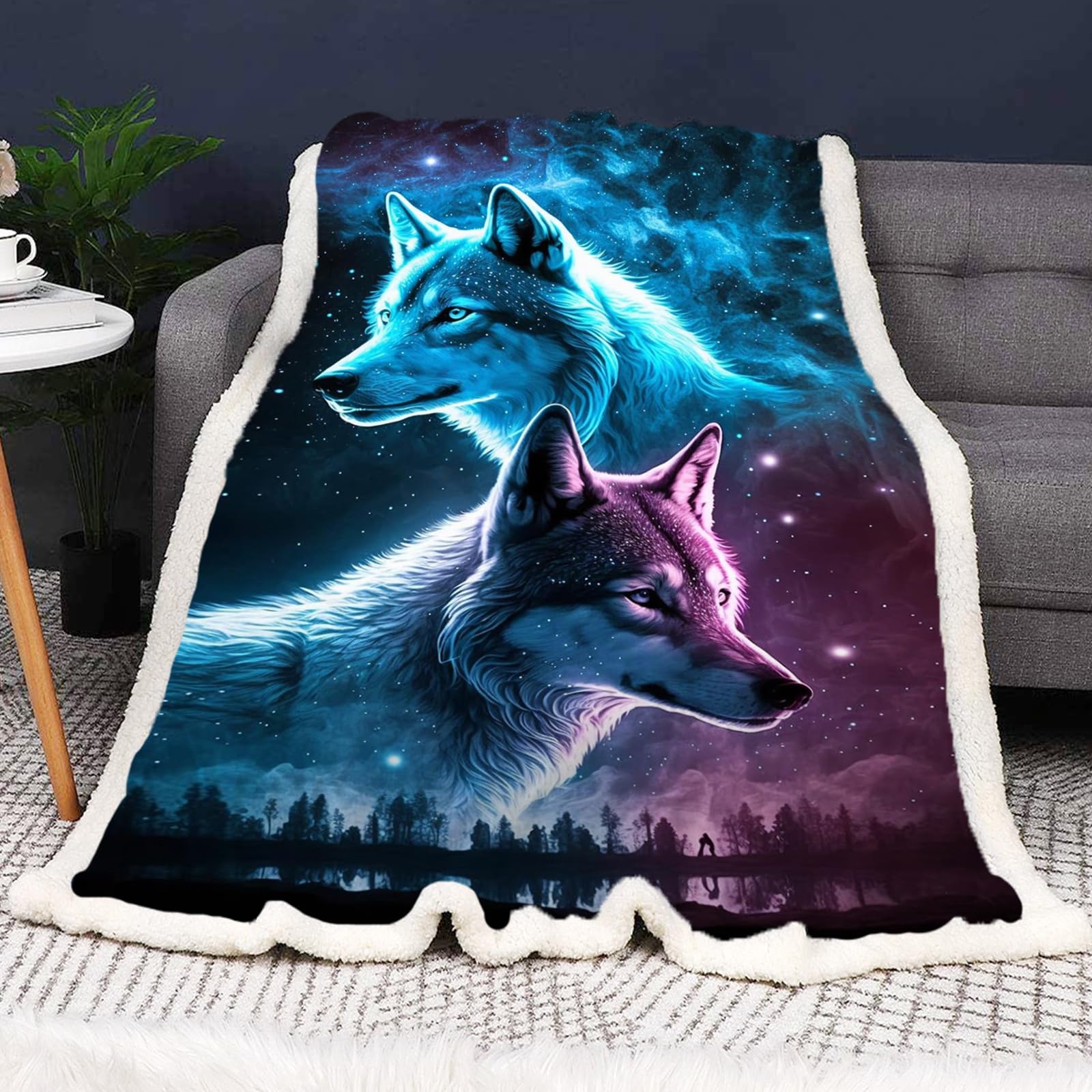 SMchwbc Wolf Fleece Blanket - Cuddly 3D Print Forest Animal Wolf Fluffy Blanket for Children & Adults - 150 x 200 cm