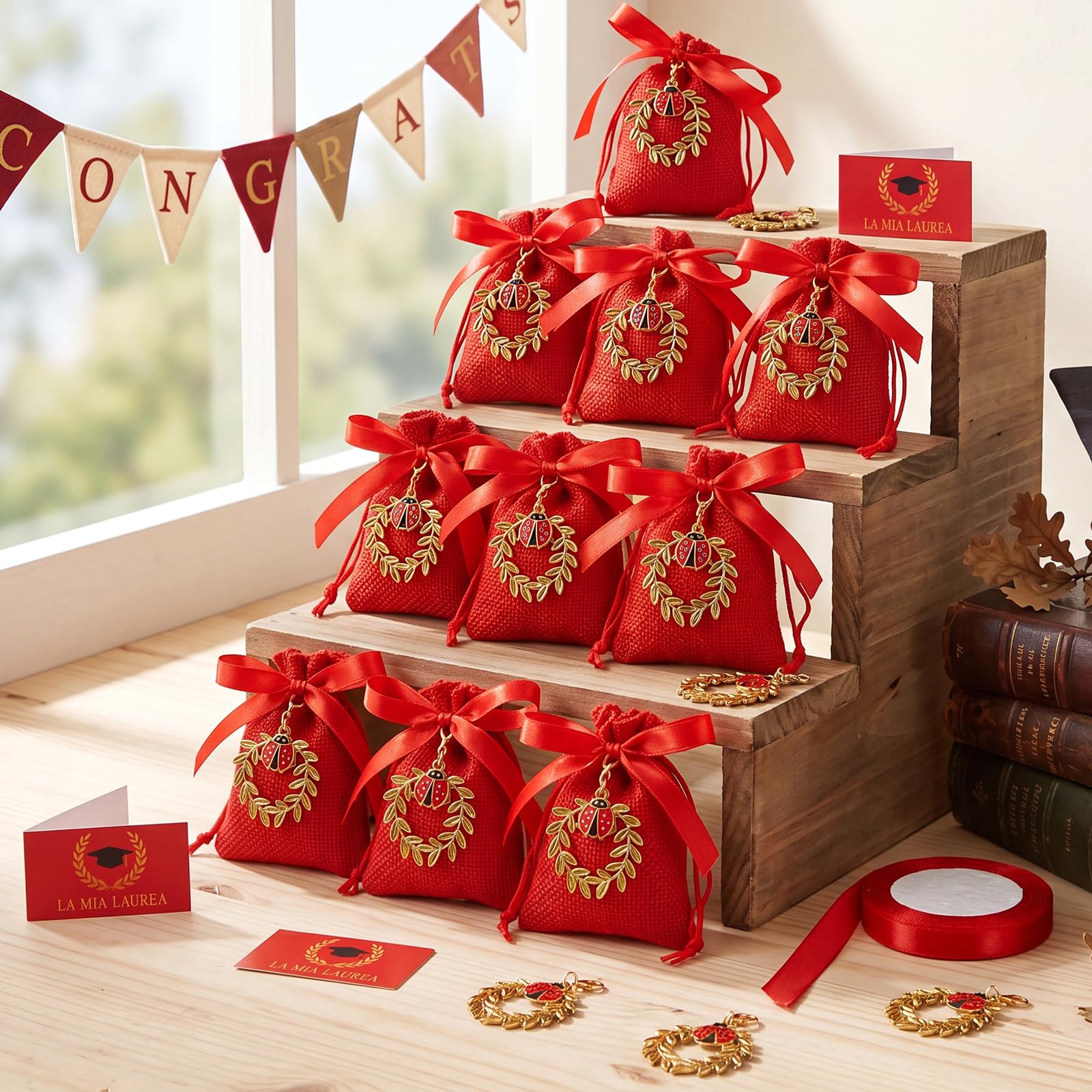 BBTO 36 Sets Bomboniere Laurea Sacchetti Portaconfetti Ciondolo di Corona d'Alloro Coccinella Biglietti e Nastro Rosso Sacchetti Confetti Regalo di Laurea Festa Cerimonia Fai da te(Coccinella)