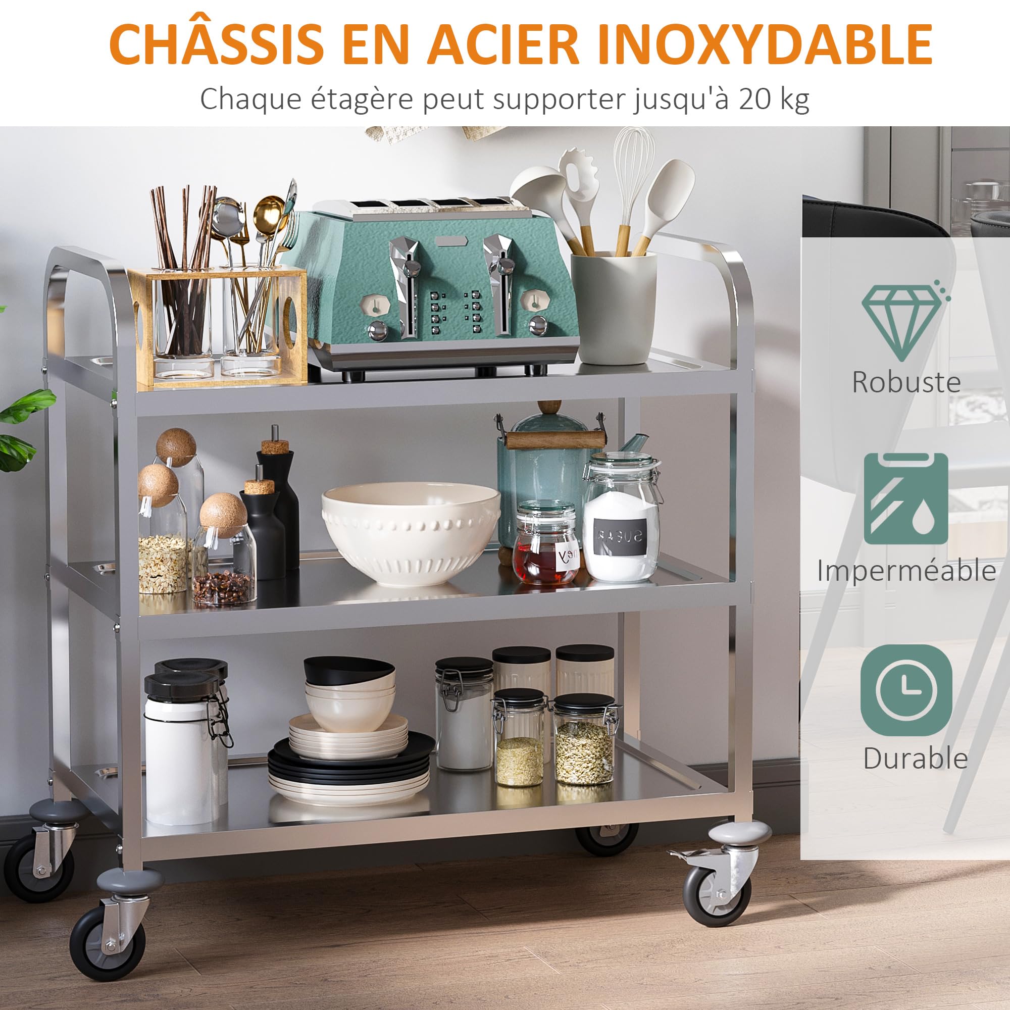 HOMCOM Desserte de Cuisine Chariot roulettes 90,5 x 50,5 x 88,2 cm Argenté | à 3 Étagères, Acier Inox., Cuisine et Salle à Manger