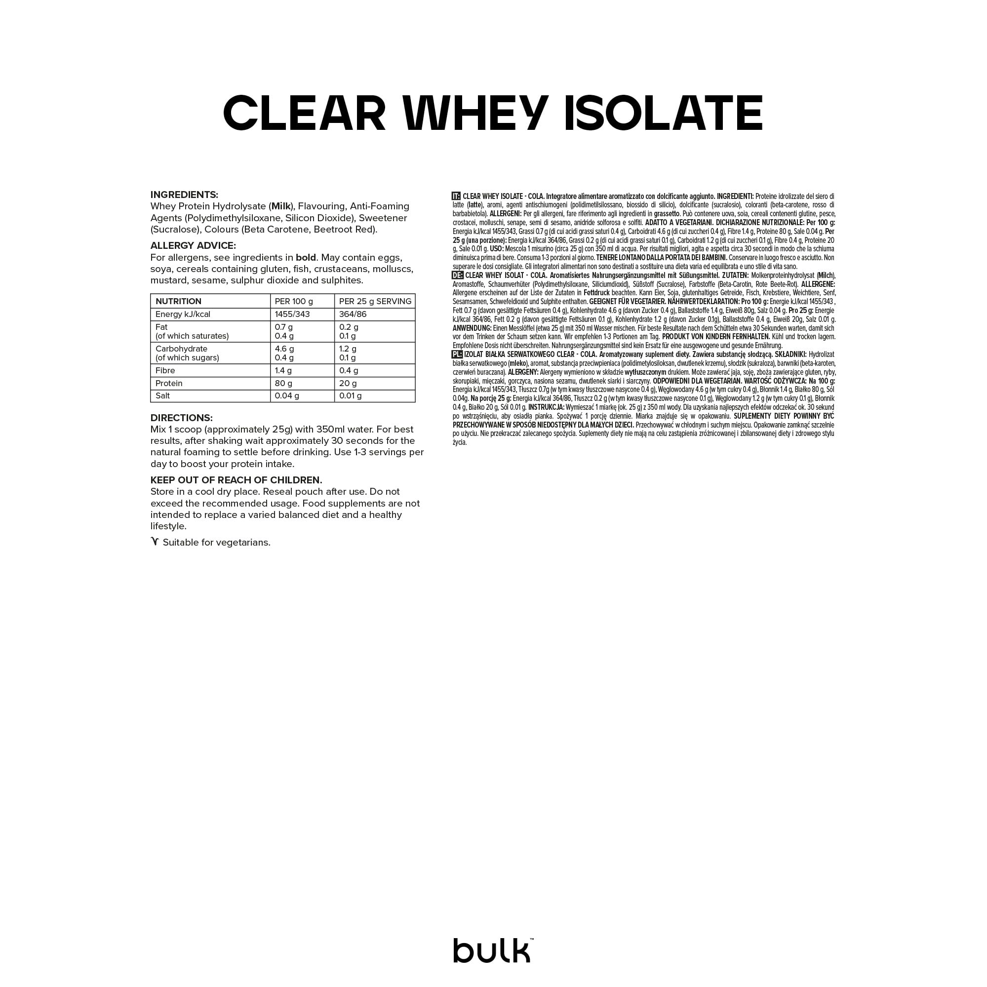 Bulk Clear Whey Isolate, Cola, 20g di proteine a rapido assorbimento, Basso contenuto di zuccheri, Frullato proteico leggero e fruttato, 20 porzioni