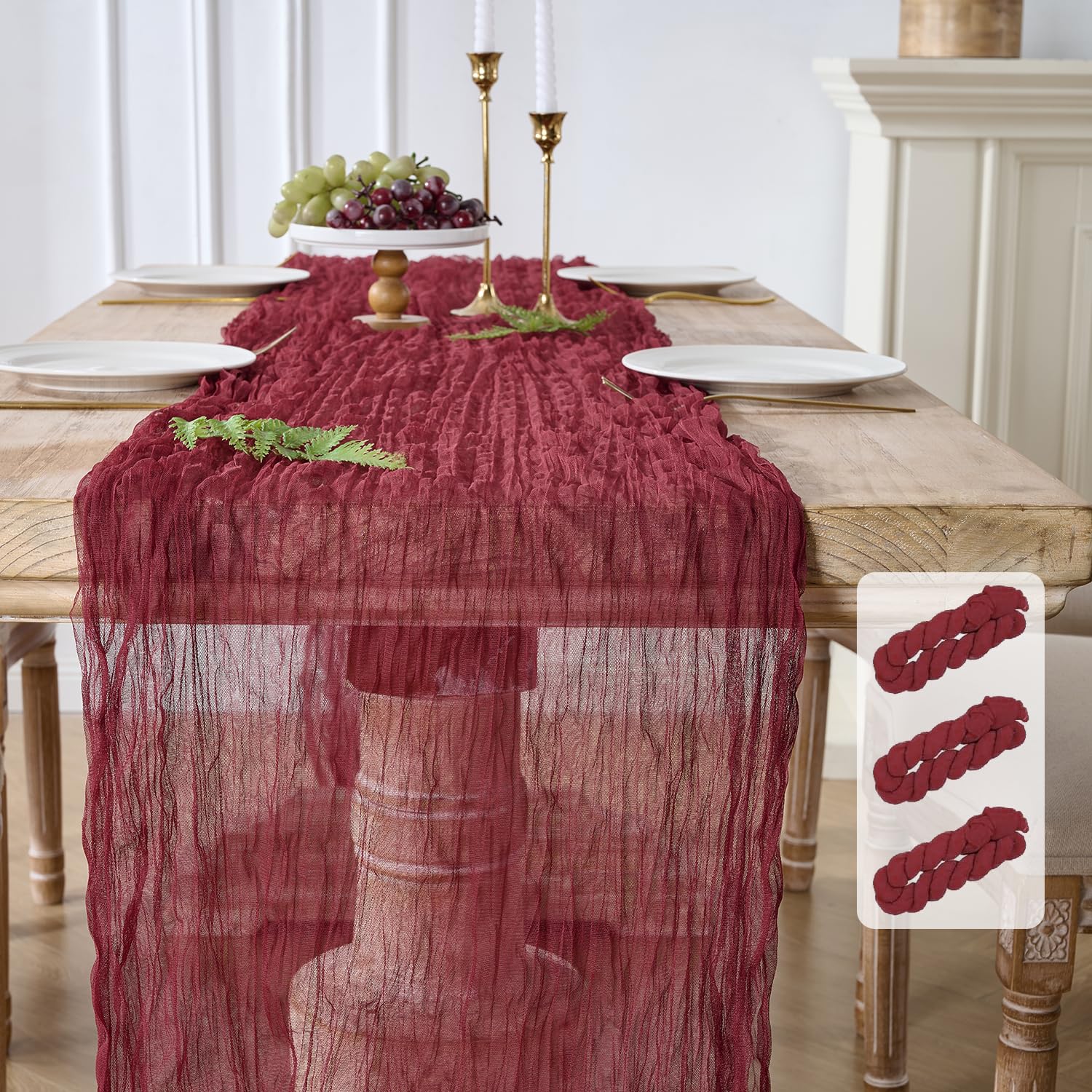 Photo 1 of YARGEZON 3 Pack Burgundy Red Cheesecloth Table Runners, 120 Inch 10Ft Wine Red Gauze Table Runner for Wedding Birthday Party Baby Shower Decorations