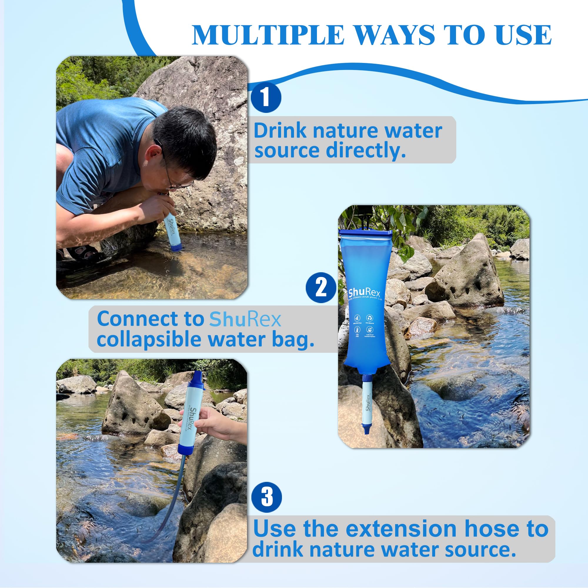 Système de filtration d'eau par gravité, sac de 3 l avec paille filtrante, filtre à fibre creuse et filtre à charbon, pour camping et urgence