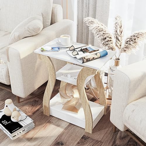 Miniatura 6 de FROMJBEST Mesa auxiliar con estación de carga, mesa auxiliar con puertos USB y tomacorrientes, mesita de noche, mesa auxiliar de 3 niveles con