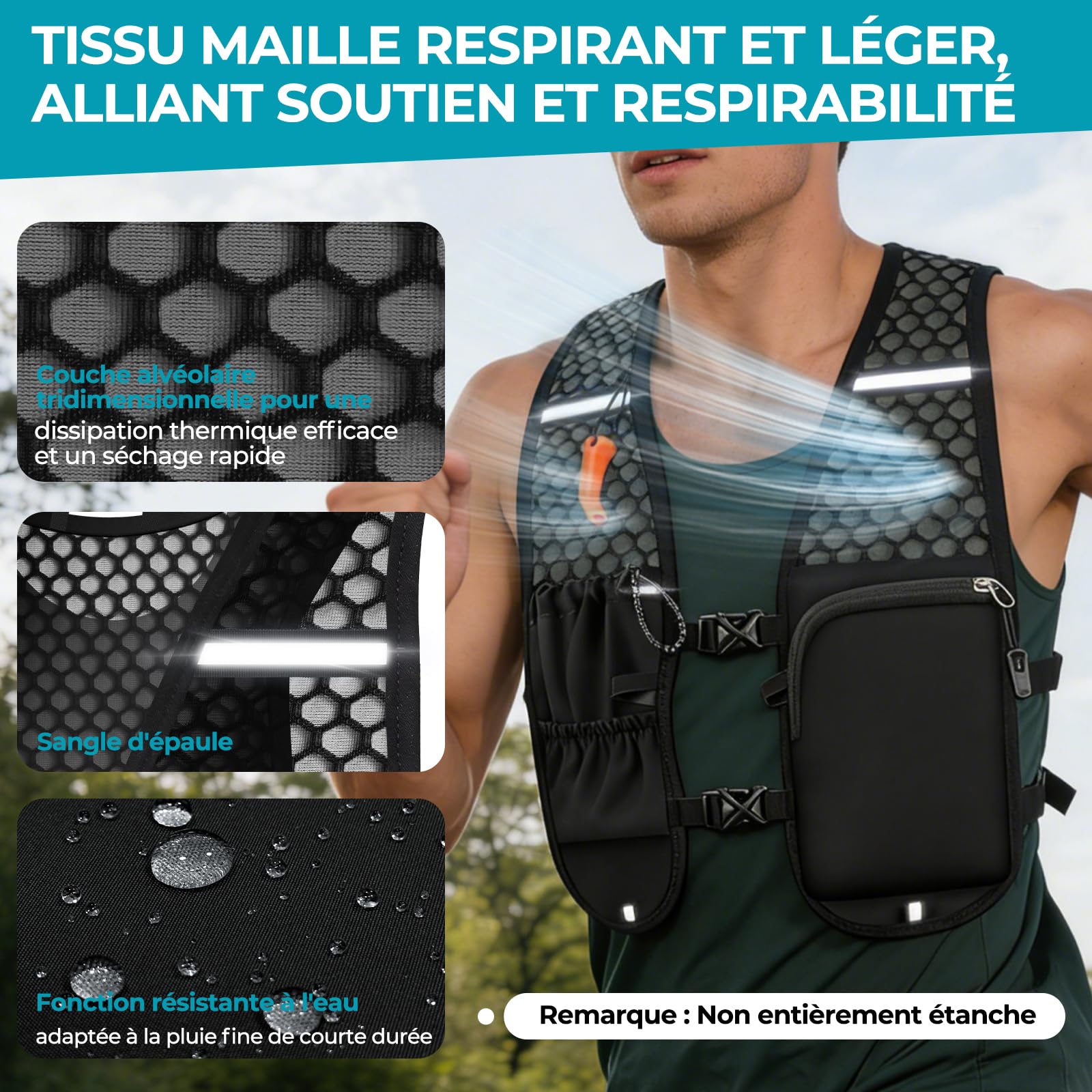 Gilet Running Hydratation Femme Homme Ultraléger 160 g, Gilet Trail Flasque 500ml, Sac Running Réglable Réfléchissant Sifflet, Poches Téléphone Course à Pied, Marathon, Trail, Randonnée