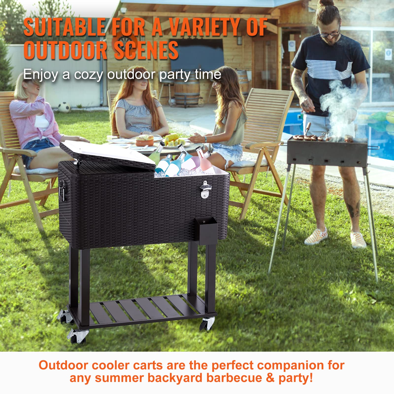 VEVOR Carrello Mobile Bar Frigo per Bevande Carrello Isotermico Superficie Resina Rattan Capienza 80QT Apribottiglie Scatola Raccoglie Tappi, Carrello per Bevande Contenitore per Ghiaccio Portabirre