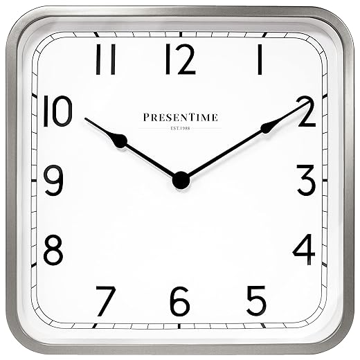 Presentime & Co 16" Anton Vintage Square Clock, Silent No Ticking, Wall & Mantel 2 in 1 Clock, Desk and Shelf Clock, Tabletop Décor, Modern Silver Color