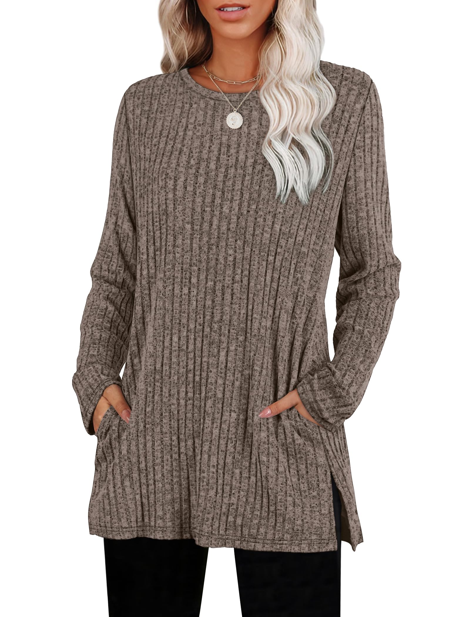 Sampeel Womens Sweaters Crewneck Long Sleeve Shirts with Pockets Fall Outfits 2026 Fashion Winter Clothing Side Slit