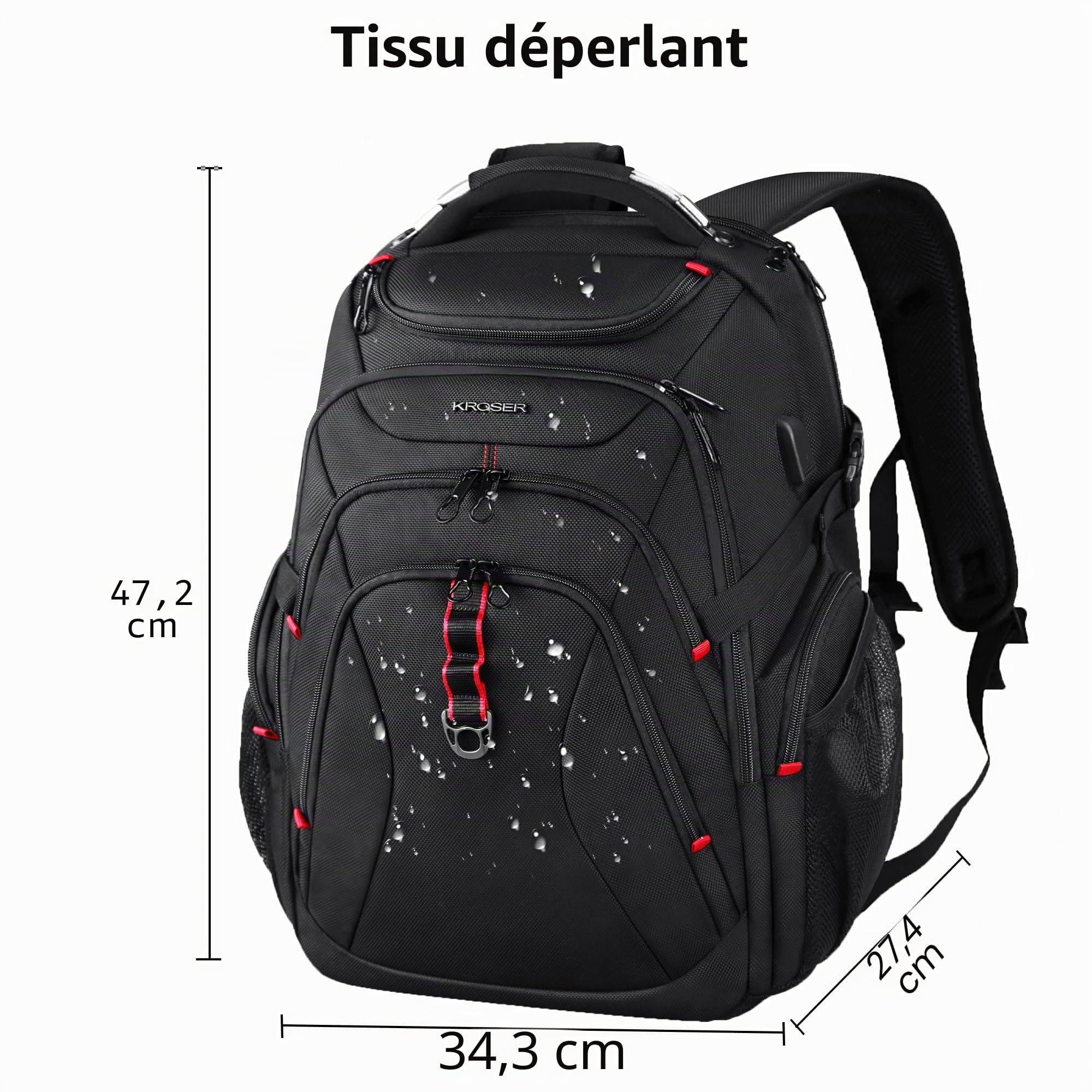 KROSER Sac à dos pour Ordinateur Portable de Voyage 17.3" XL avec Poches RFID Port et Imperméable Sac à dos pour Voyage/Université/Affaires/Collège/Hommes/Femmes laptop backpack