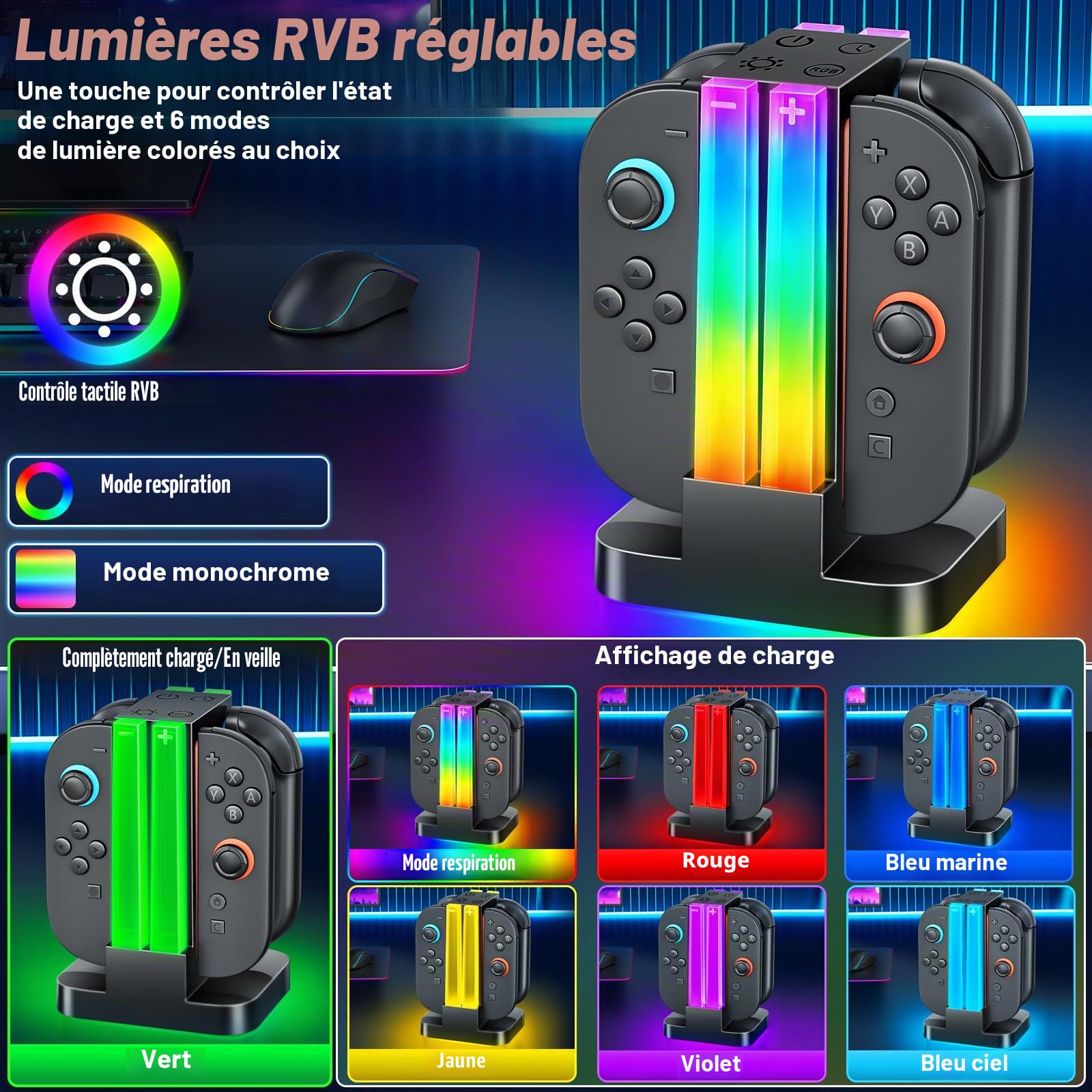 Station de Charge pour Manette Switch 2 Joy Cons, Station de Charge Compatible avec Manette Nintendo Switch 2 avec 6 Modes d'éclairage RVB et Fonction Minuterie et Contrôle de l'éclairage
